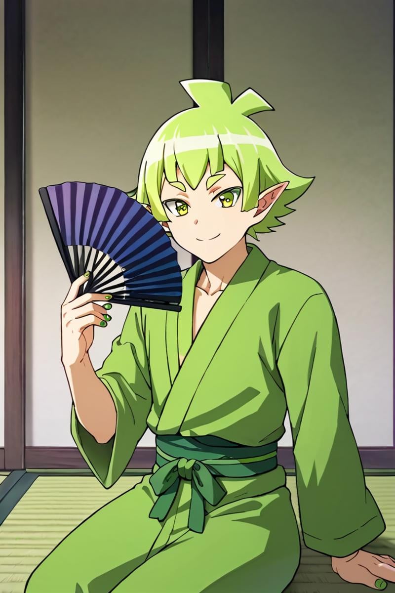 score_9,score_8_up,score_7_up,source_anime,1boy, solo,looking at viewer, bars robin,green hair,green eyes,pointy ears,green nail, japanese_clothes, green yukata, yukata, male yukata, sitting, smile, holding fan, japanese fan, tatami, upper body, kneel, close-up<lora:EMS-399380-EMS:1.000000>