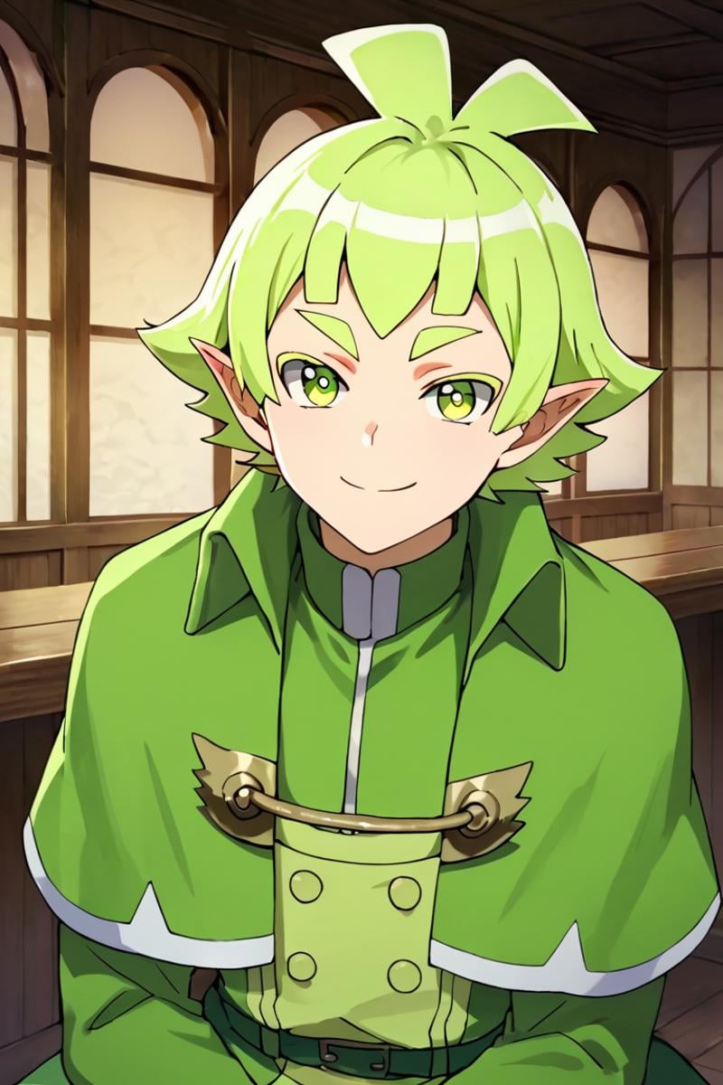 score_9,score_8_up,score_7_up,source_anime,1boy, solo,looking at viewer, bars robin,green hair,green eyes,pointy ears,1boy,solo,looking at viewer,capelet, smile, sitting, indoors<lora:EMS-399380-EMS:0.800000>