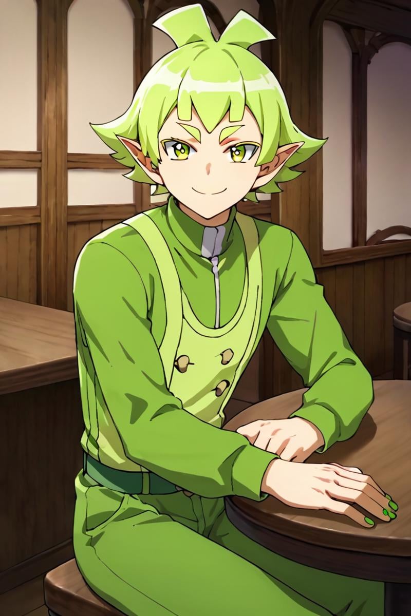 score_9,score_8_up,score_7_up,source_anime,1boy, solo,looking at viewer, bars robin,green hair,green eyes,pointy ears,green nail,indoors, sitting, pants, table, chair, smile<lora:EMS-399380-EMS:1.000000>