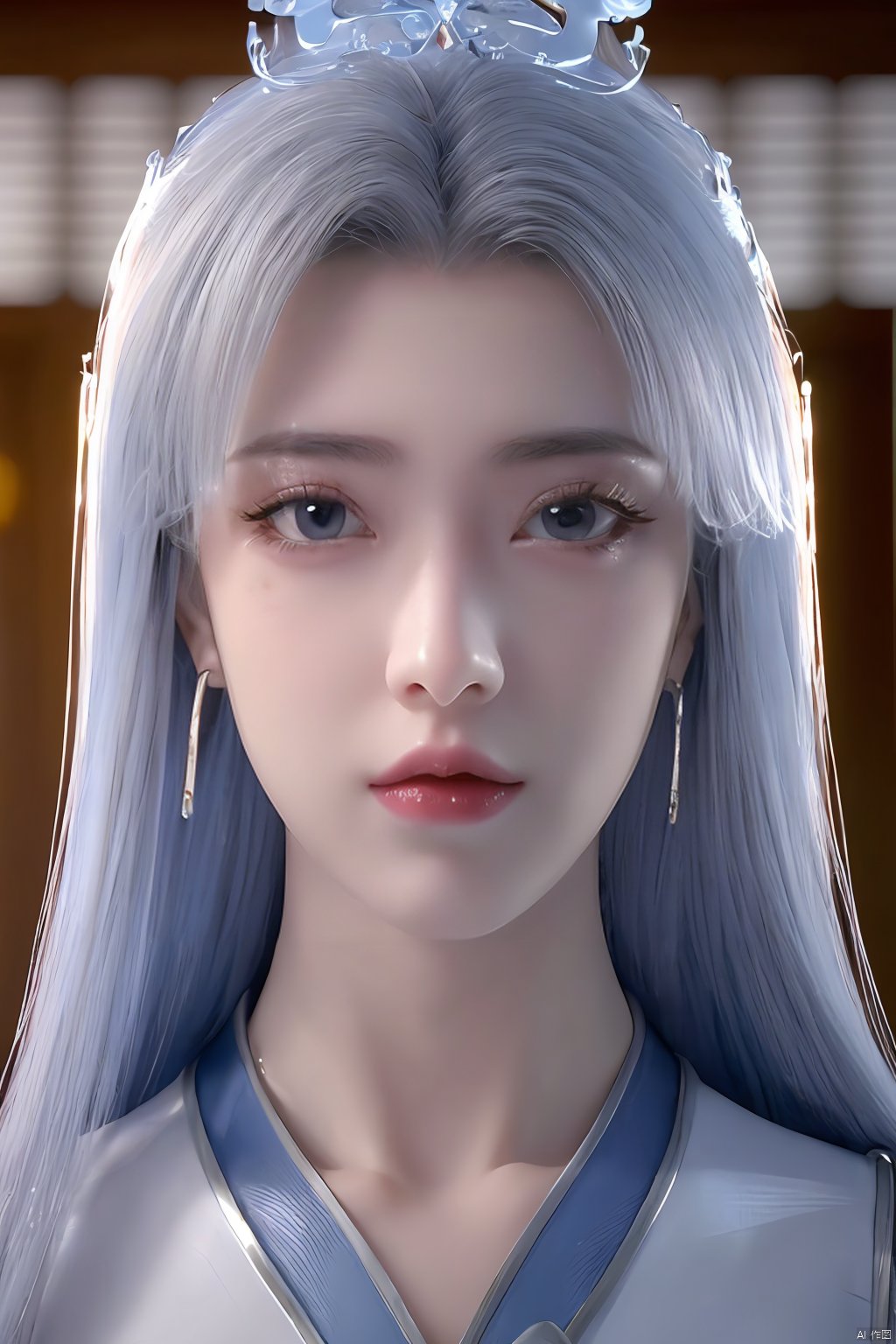 1girl,blue eyes,long white hair,silver crown,armor,headwear,gufeng,half body photo,petal,real,photo realistic,highly detailed,(masterpiece),(high quality),best quality,super detailed,full detail,4k,8k,Xningyudie