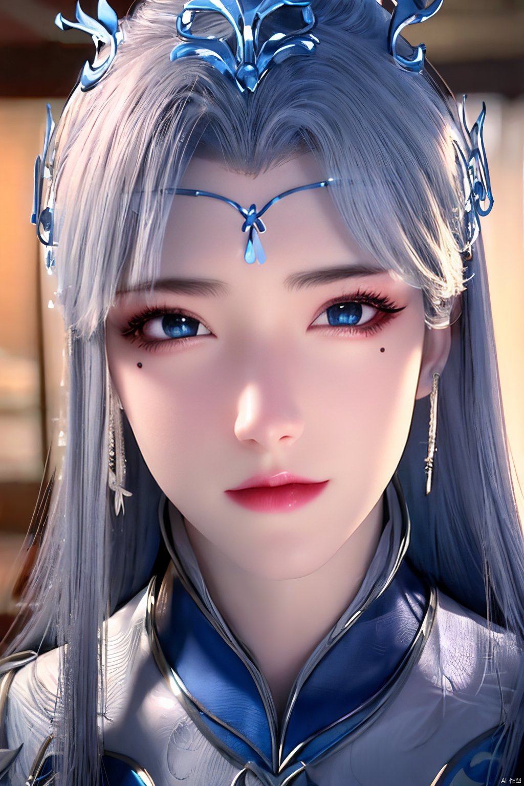 1girl,blue eyes,long white hair,silver crown,armor,headwear,gufeng,half body photo,petal,real,photo realistic,highly detailed,(masterpiece),(high quality),best quality,super detailed,full detail,4k,8k,Xningyudie