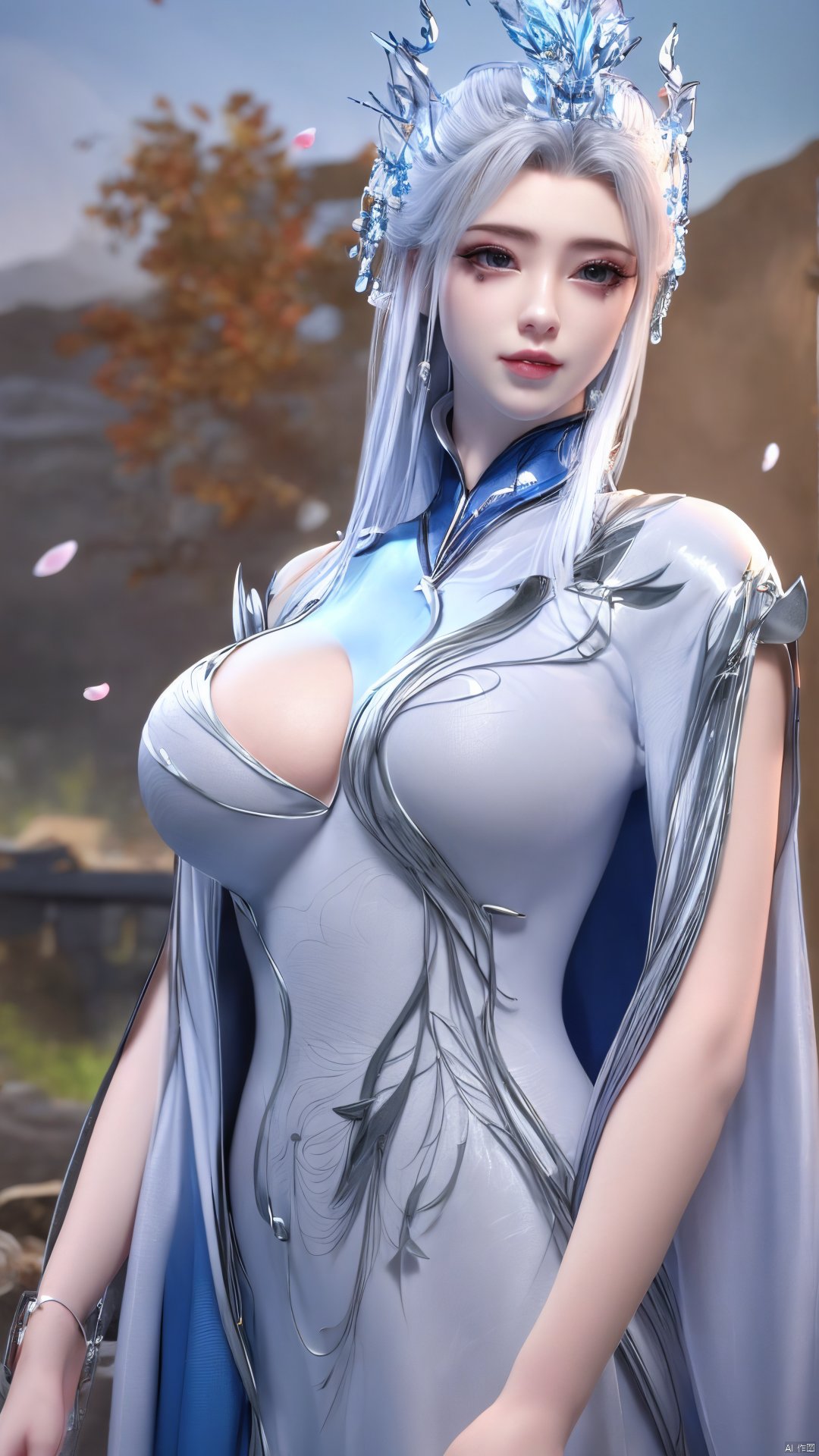 1girl,blue eyes,long white hair,silver crown,armor,headwear,gufeng,half body photo,petal,real,photo realistic,highly detailed,(masterpiece),(high quality),best quality,super detailed,full detail,4k,8k,Xningyudie, Water_butterfly, desert_sky, hanfu, Yunxiao_Fairy,(big_breasts:1.29)