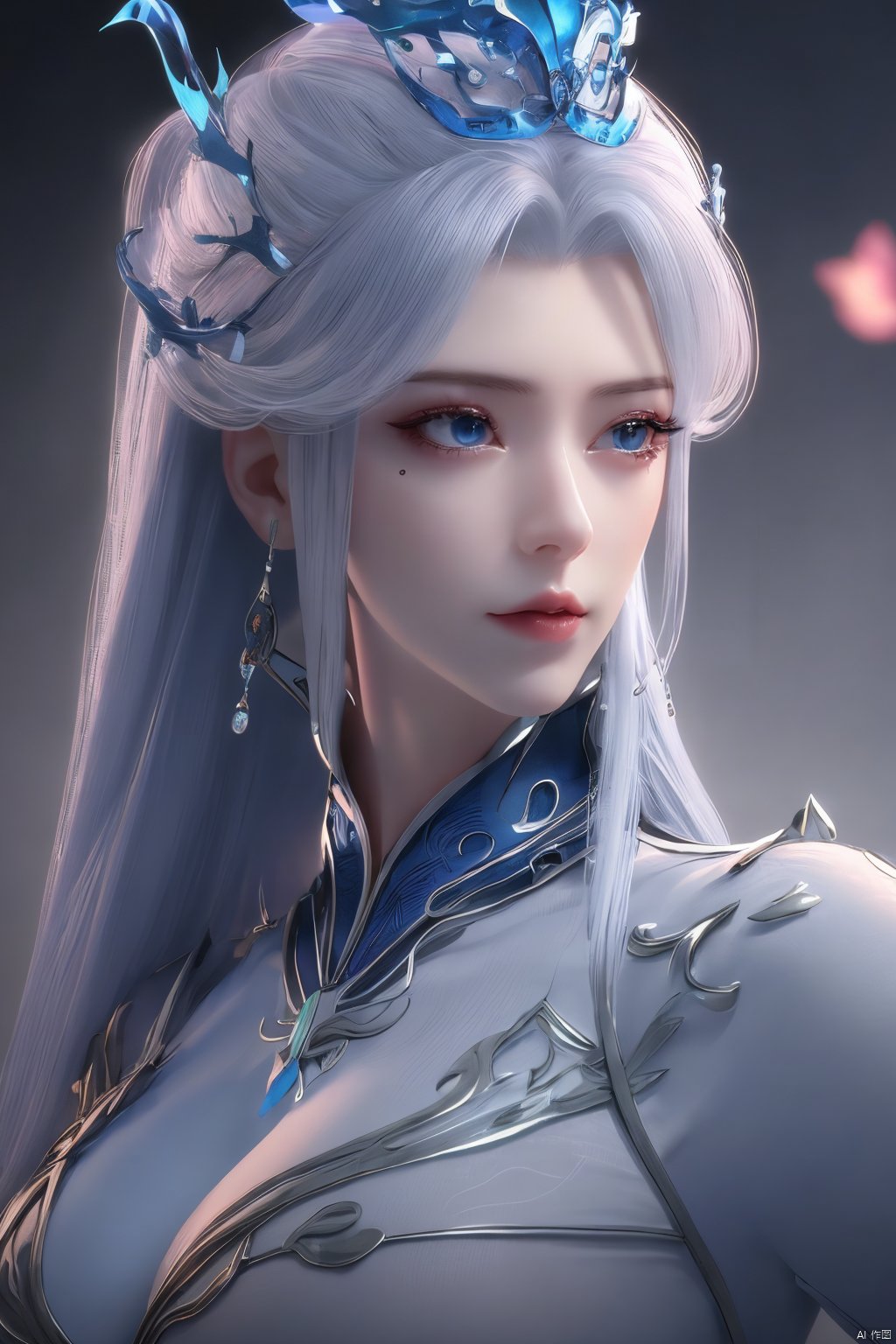 1girl,blue eyes,long white hair,silver crown,armor,headwear,gufeng,half body photo,petal,real,photo realistic,highly detailed,(masterpiece),(high quality),best quality,super detailed,full detail,4k,8k,Xningyudie