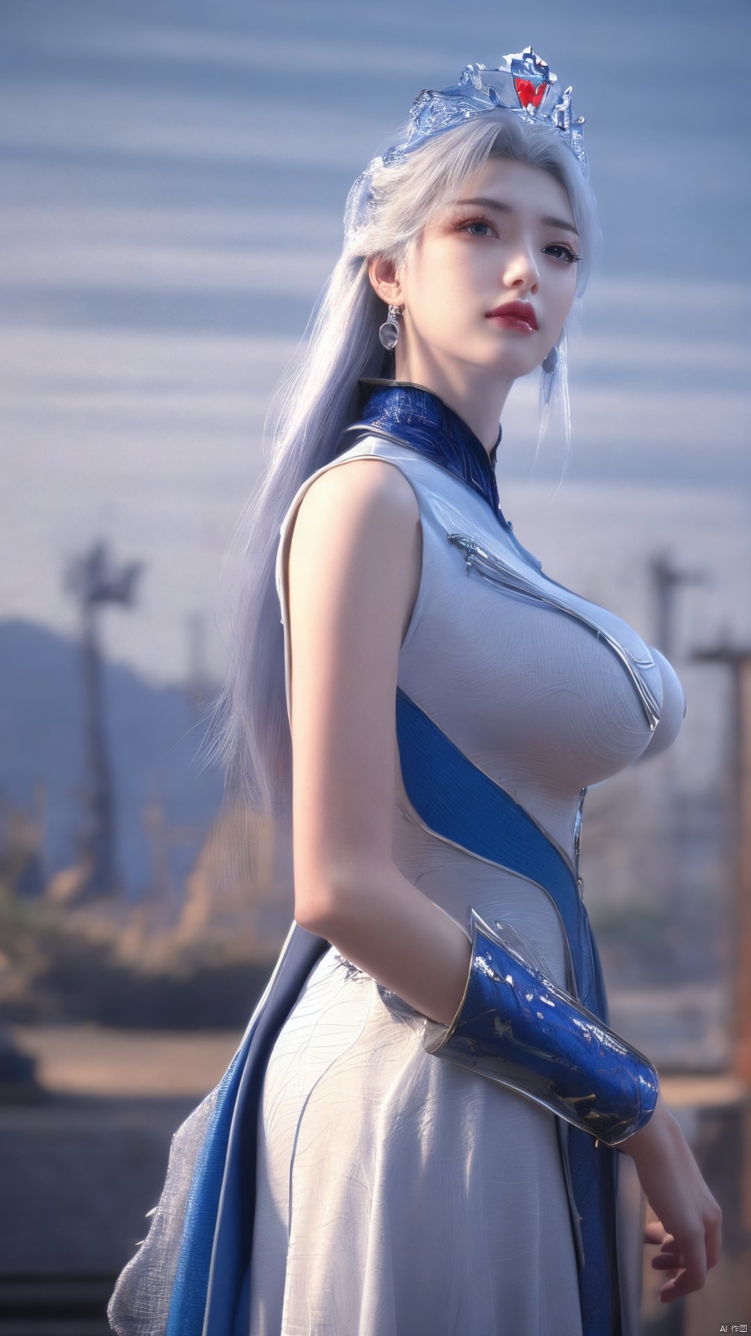 1girl,blue eyes,long white hair,silver crown,armor,headwear,gufeng,half body photo,petal,real,photo realistic,highly detailed,(masterpiece),(high quality),best quality,super detailed,full detail,4k,8k,Xningyudie, Water_butterfly, desert_sky, hanfu, Yunxiao_Fairy,(big_breasts:1.29),moyou