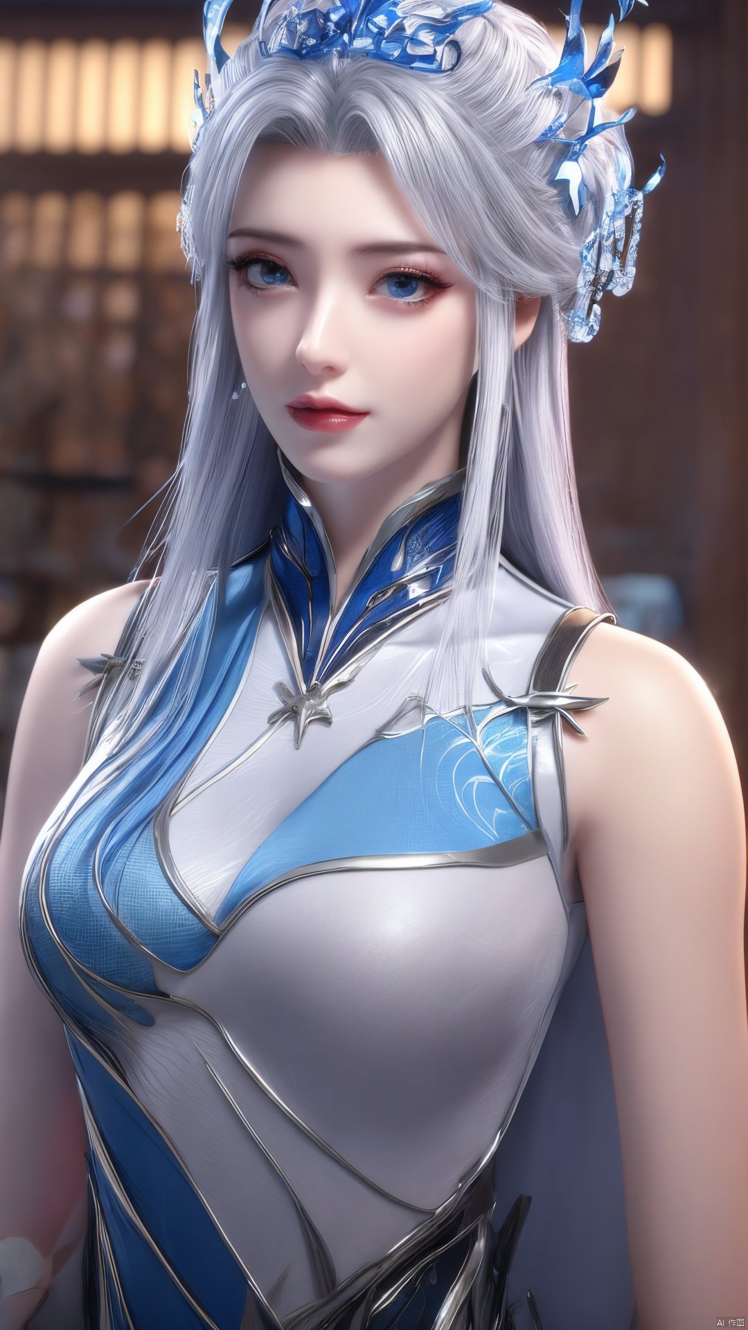 1girl,blue eyes,long white hair,silver crown,armor,headwear,gufeng,half body photo,petal,real,photo realistic,highly detailed,(masterpiece),(high quality),best quality,super detailed,full detail,4k,8k,Xningyudie, Water_butterfly, desert_sky, hanfu, Yunxiao_Fairy