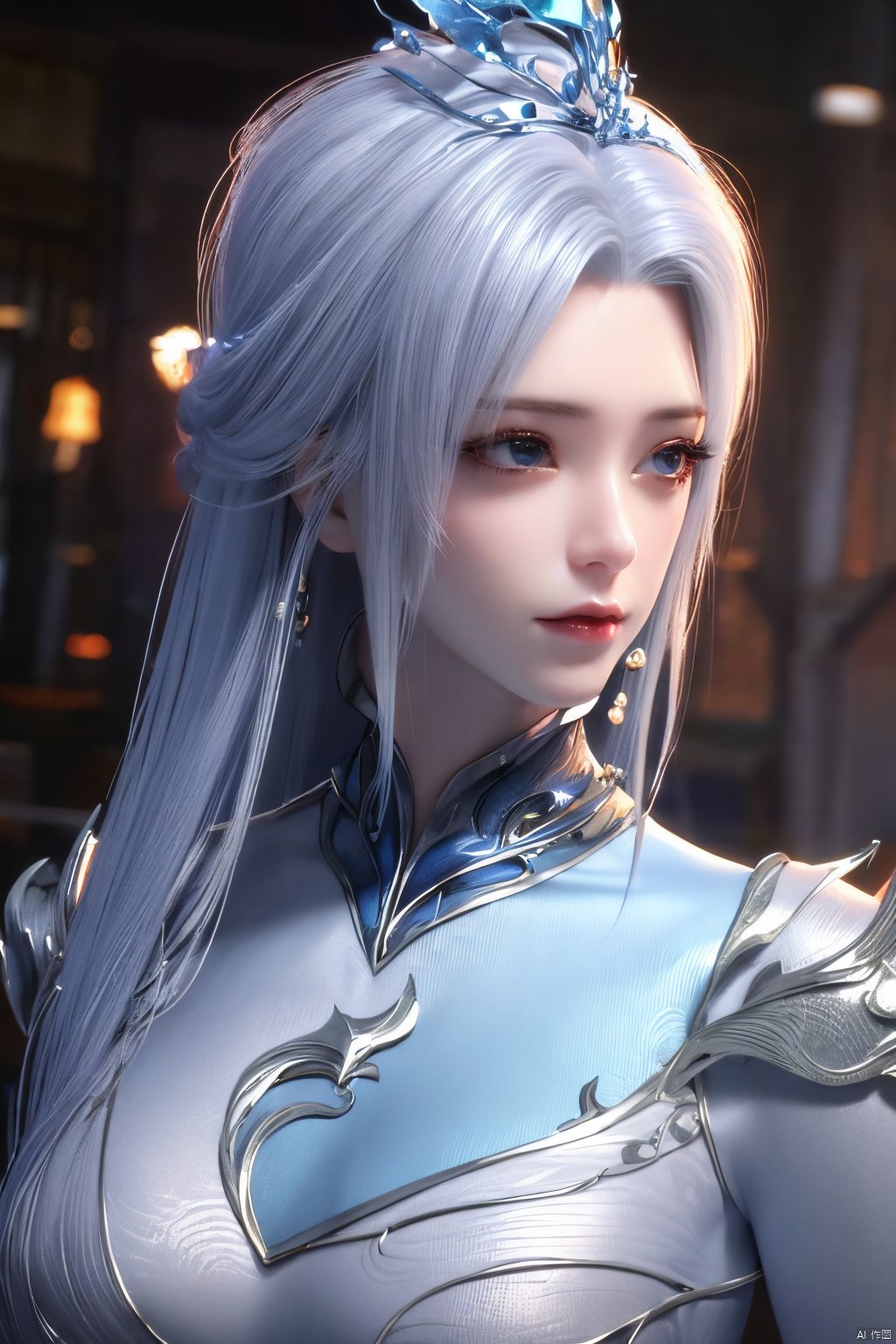 1girl,blue eyes,long white hair,silver crown,armor,headwear,gufeng,half body photo,petal,real,photo realistic,highly detailed,(masterpiece),(high quality),best quality,super detailed,full detail,4k,8k,Xningyudie