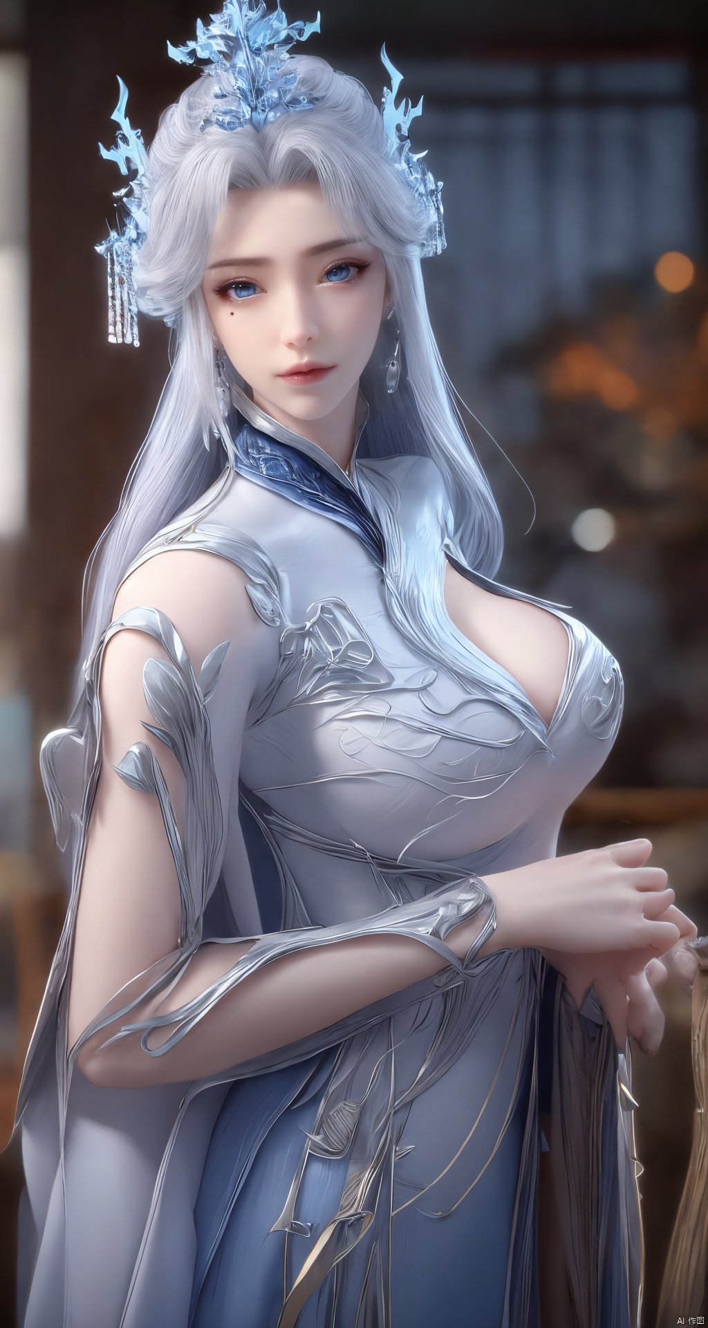 masterpiece,(best quality),official art,extremely detailed cg 8k wallpaper,(extremely delicate and beautiful),solo,realistic,photo_\(medium\),chinese clothes,blue dress,1girl,solo,blue eyes,earrings,mole,white hair,armor,crown,mole under eye,,Xningyudie,(big_breasts:1.29), Yunxiao_Fairy,X-Hydrangea, hanfu