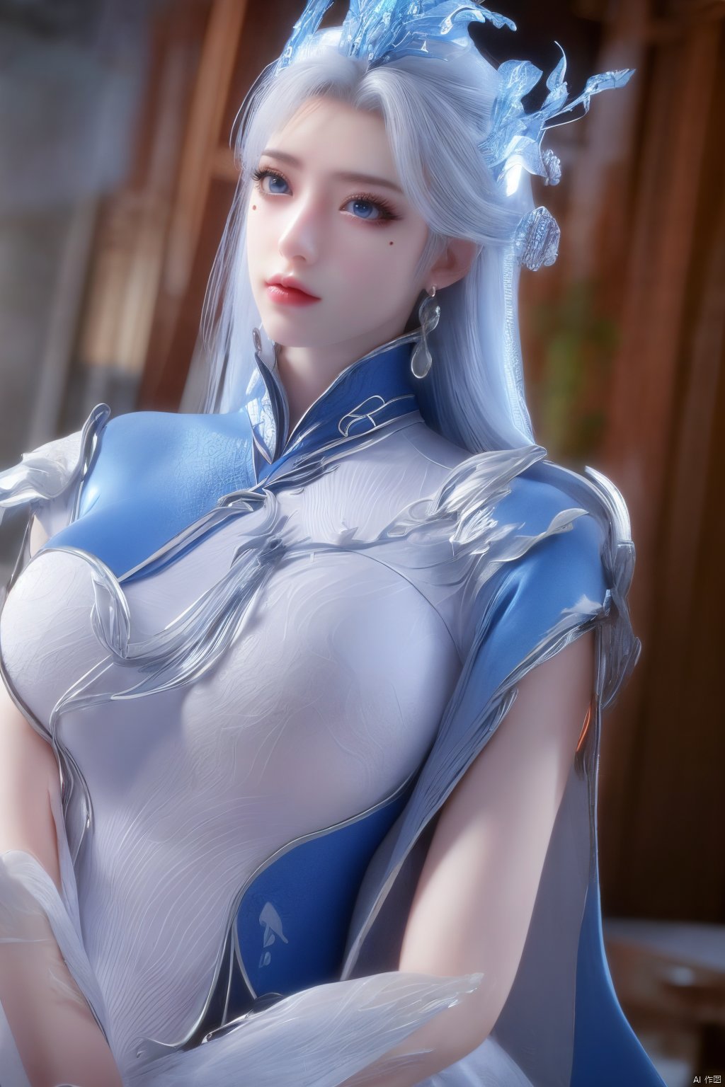 masterpiece,(best quality),official art,extremely detailed cg 8k wallpaper,(extremely delicate and beautiful),solo,realistic,photo_\(medium\),chinese clothes,blue dress,1girl,solo,blue eyes,earrings,mole,white hair,armor,crown,mole under eye,,Xningyudie