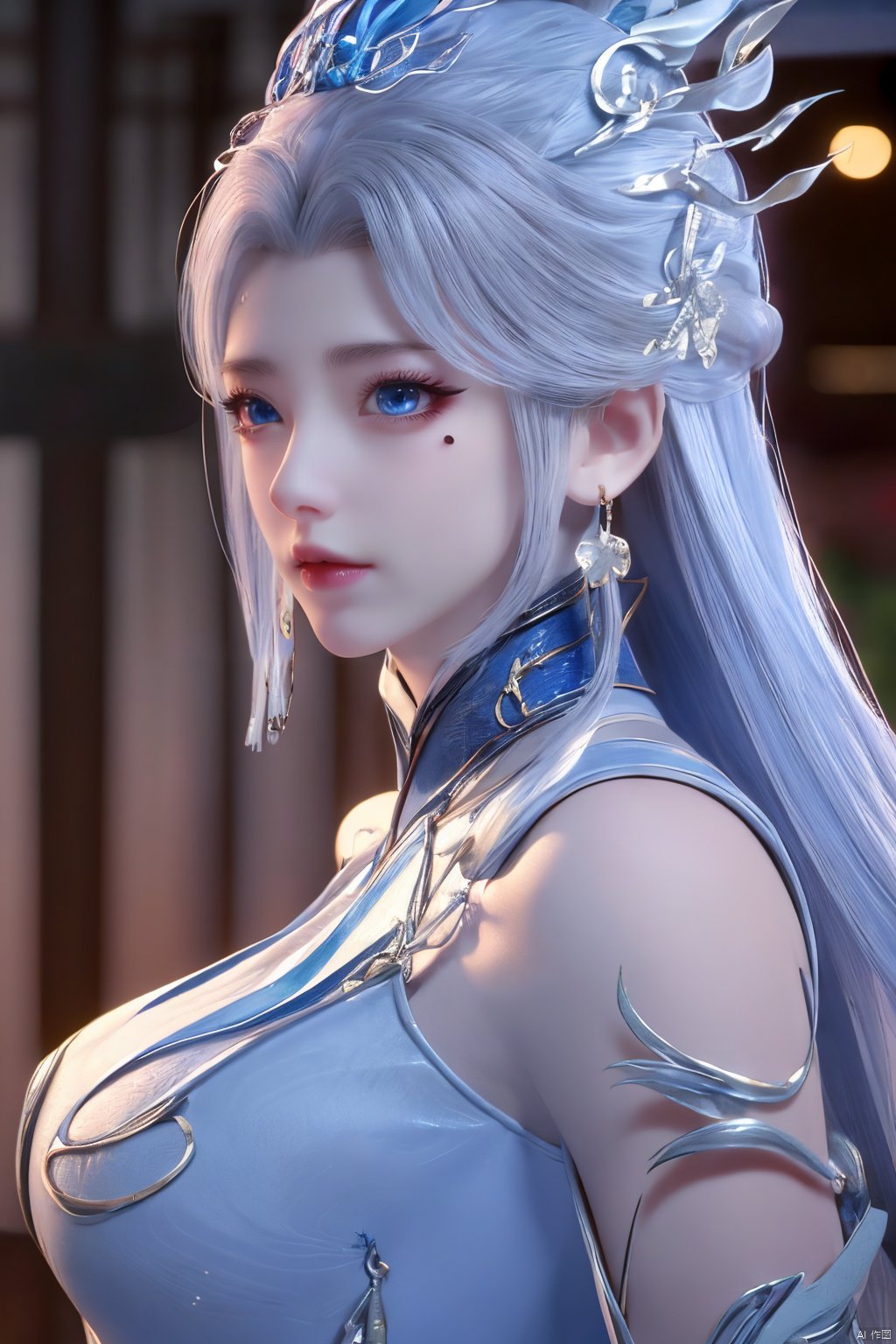 masterpiece,(best quality),official art,extremely detailed cg 8k wallpaper,(extremely delicate and beautiful),solo,realistic,photo_\(medium\),chinese clothes,blue dress,1girl,solo,blue eyes,earrings,mole,white hair,armor,crown,mole under eye,,Xningyudie