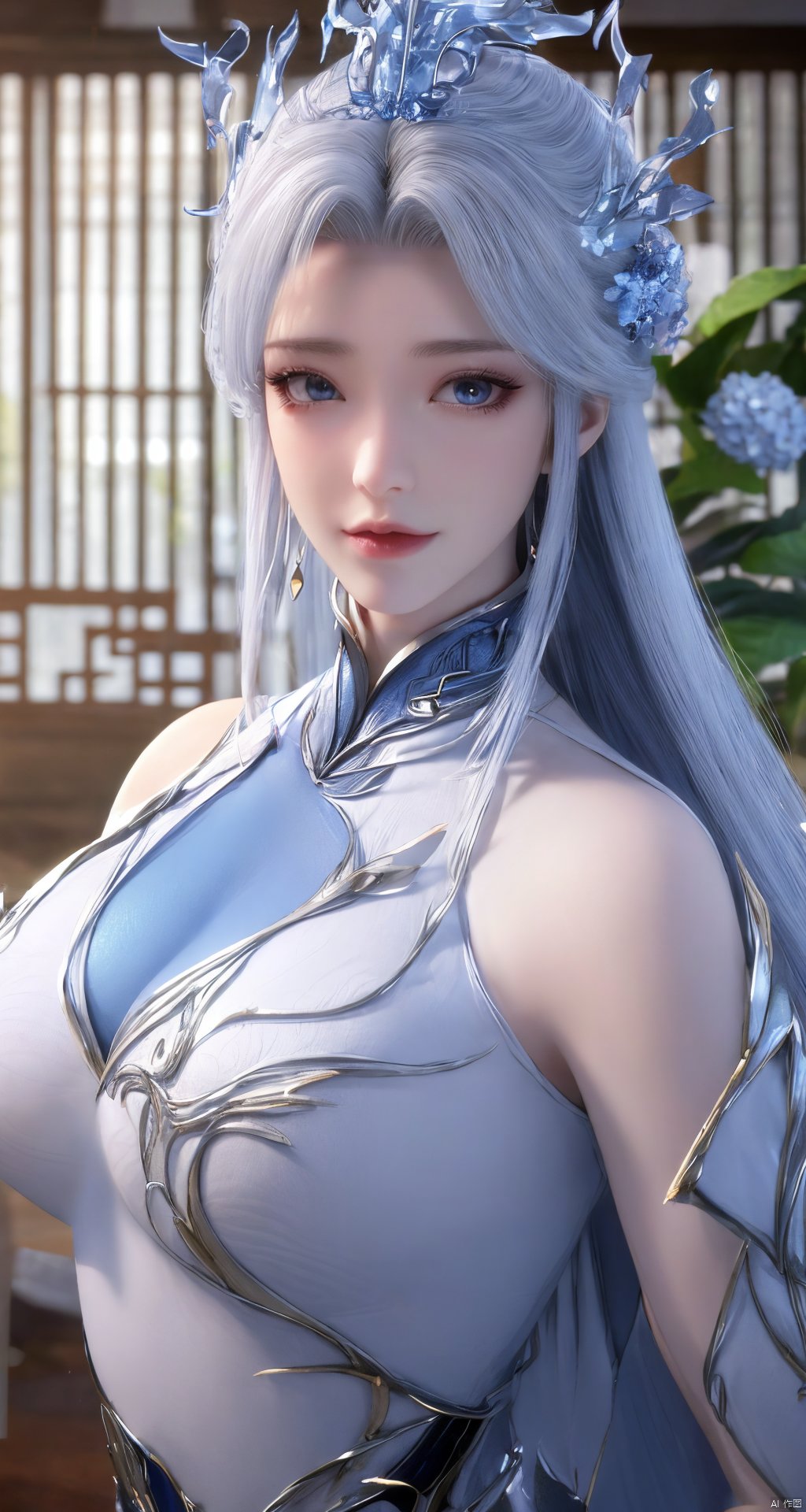 masterpiece,(best quality),official art,extremely detailed cg 8k wallpaper,(extremely delicate and beautiful),solo,realistic,photo_\(medium\),chinese clothes,blue dress,1girl,solo,blue eyes,earrings,mole,white hair,armor,crown,mole under eye,,Xningyudie,(big_breasts:1.29), Yunxiao_Fairy,X-Hydrangea, hanfu