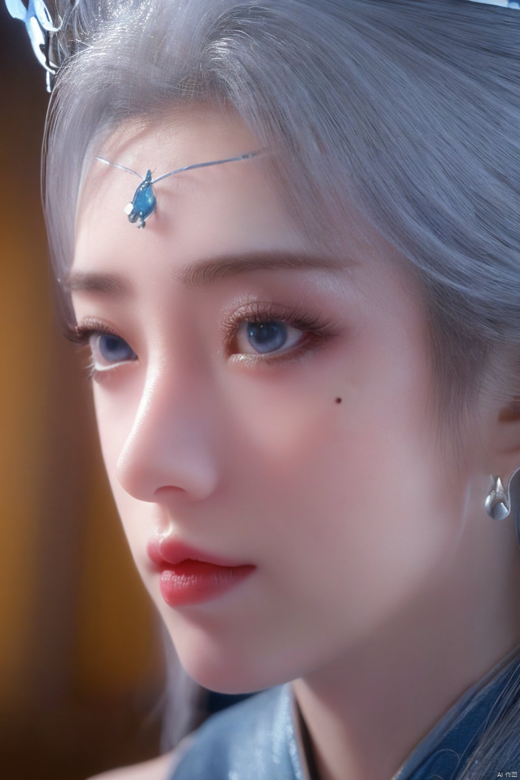 masterpiece,(best quality),official art,extremely detailed cg 8k wallpaper,(extremely delicate and beautiful),solo,realistic,photo_\(medium\),chinese clothes,blue dress,1girl,solo,blue eyes,earrings,mole,white hair,armor,crown,mole under eye,,Xningyudie