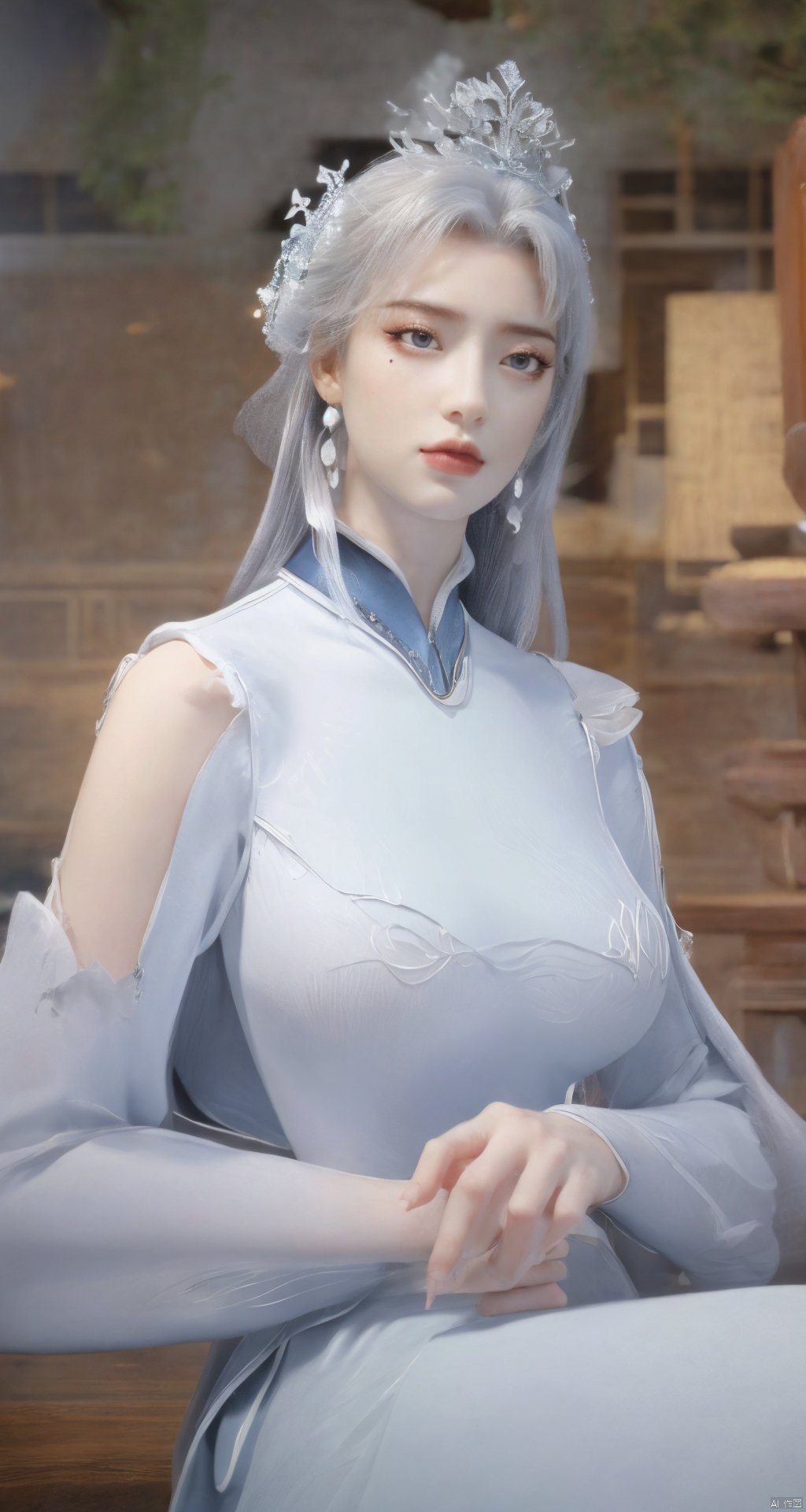 masterpiece,(best quality),official art,extremely detailed cg 8k wallpaper,(extremely delicate and beautiful),solo,realistic,photo_\(medium\),chinese clothes,blue dress,1girl,solo,blue eyes,earrings,mole,white hair,armor,crown,mole under eye,,Xningyudie,(big_breasts:1.29), Yunxiao_Fairy,X-Hydrangea, hanfu