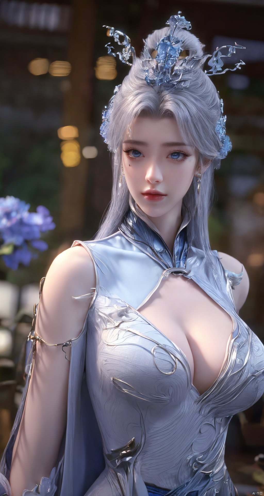 masterpiece,(best quality),official art,extremely detailed cg 8k wallpaper,(extremely delicate and beautiful),solo,realistic,photo_\(medium\),chinese clothes,blue dress,1girl,solo,blue eyes,earrings,mole,white hair,armor,crown,mole under eye,,Xningyudie,(big_breasts:1.29), Yunxiao_Fairy,X-Hydrangea, hanfu,moyou