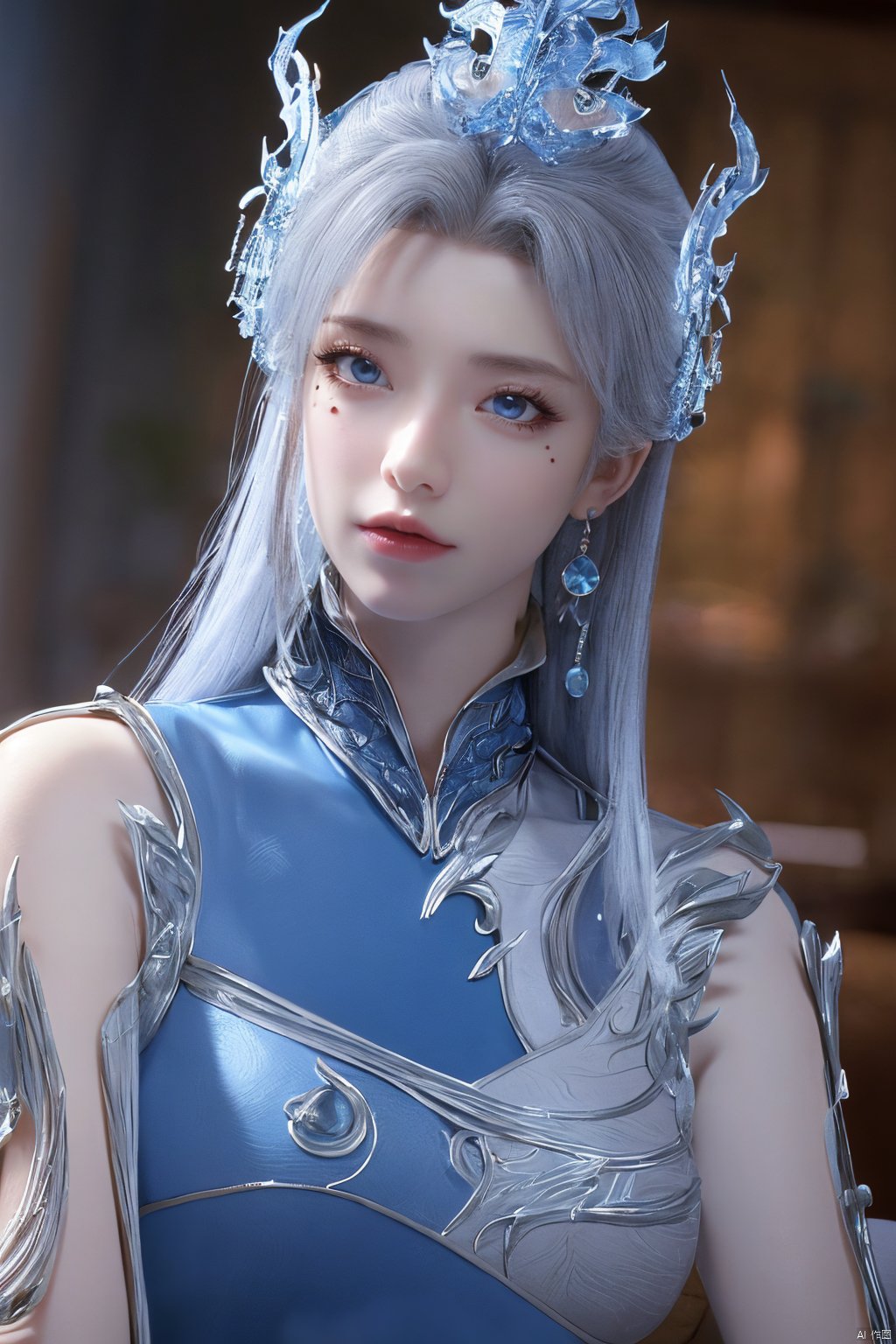 masterpiece,(best quality),official art,extremely detailed cg 8k wallpaper,(extremely delicate and beautiful),solo,realistic,photo_\(medium\),chinese clothes,blue dress,1girl,solo,blue eyes,earrings,mole,white hair,armor,crown,mole under eye,,Xningyudie