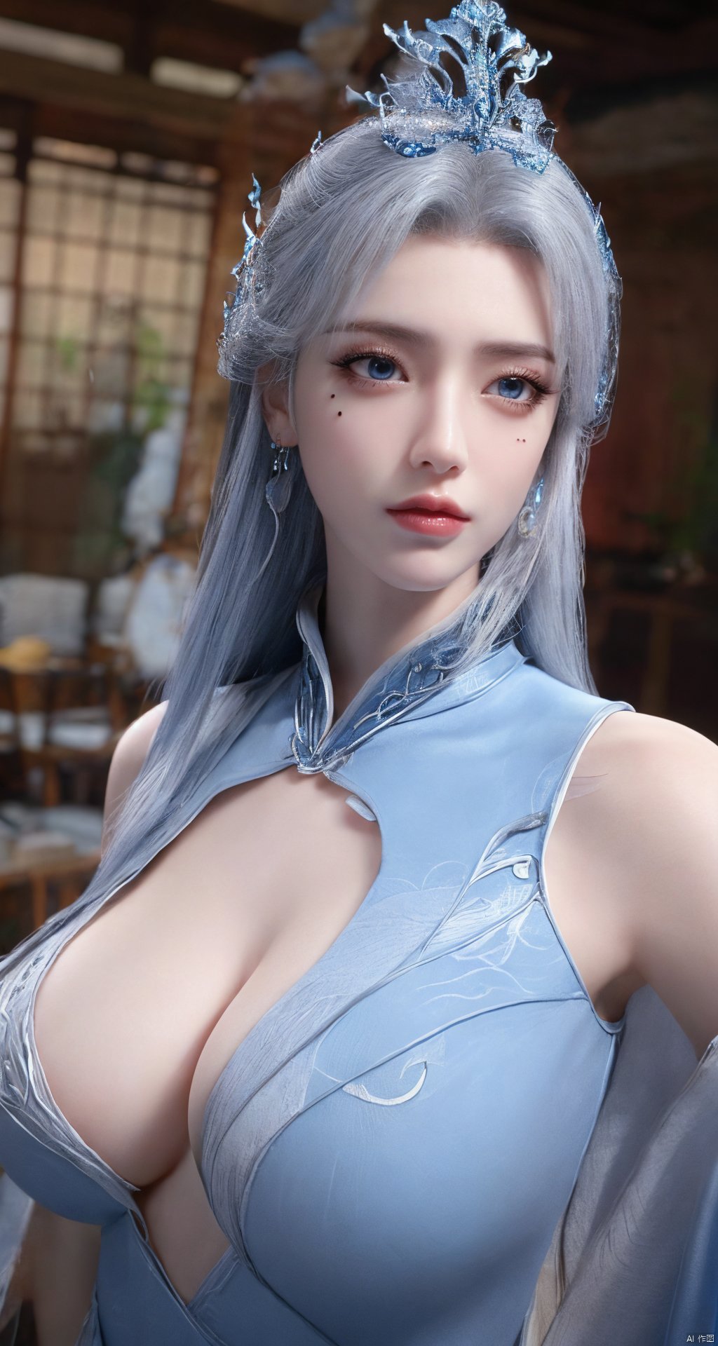 masterpiece,(best quality),official art,extremely detailed cg 8k wallpaper,(extremely delicate and beautiful),solo,realistic,photo_\(medium\),chinese clothes,blue dress,1girl,solo,blue eyes,earrings,mole,white hair,armor,crown,mole under eye,,Xningyudie,(big_breasts:1.29), Yunxiao_Fairy,X-Hydrangea, hanfu,moyou