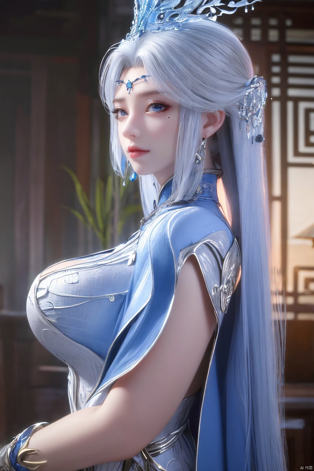 masterpiece,(best quality),official art,extremely detailed cg 8k wallpaper,(extremely delicate and beautiful),solo,realistic,photo_\(medium\),chinese clothes,blue dress,1girl,solo,blue eyes,earrings,mole,white hair,armor,crown,mole under eye,,Xningyudie