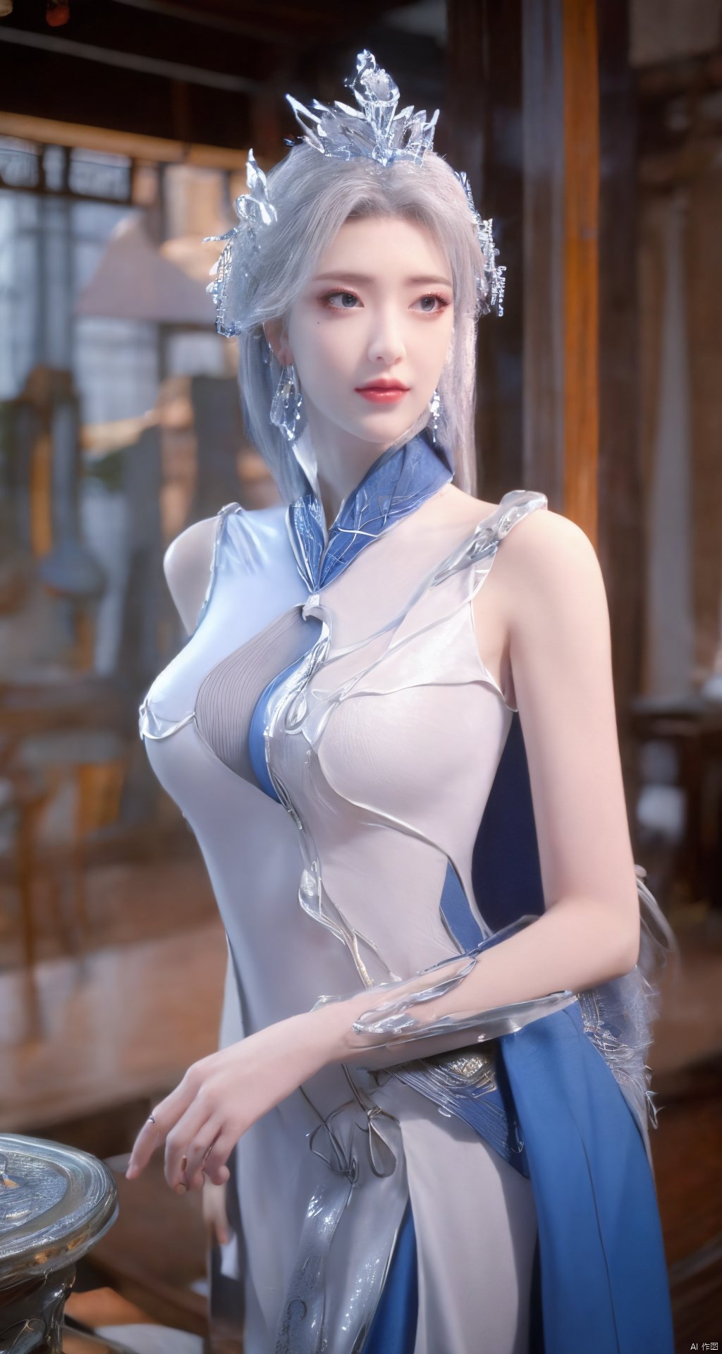 masterpiece,(best quality),official art,extremely detailed cg 8k wallpaper,(extremely delicate and beautiful),solo,realistic,photo_\(medium\),chinese clothes,blue dress,1girl,solo,blue eyes,earrings,mole,white hair,armor,crown,mole under eye,,Xningyudie,(big_breasts:1.29), Yunxiao_Fairy,X-Hydrangea, hanfu,moyou