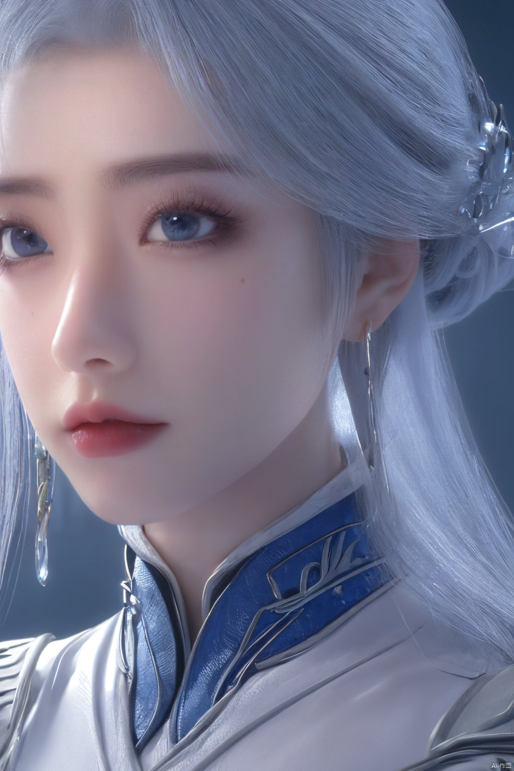 masterpiece,(best quality),official art,extremely detailed cg 8k wallpaper,(extremely delicate and beautiful),solo,realistic,photo_\(medium\),chinese clothes,blue dress,1girl,solo,blue eyes,earrings,mole,white hair,armor,crown,mole under eye,,Xningyudie