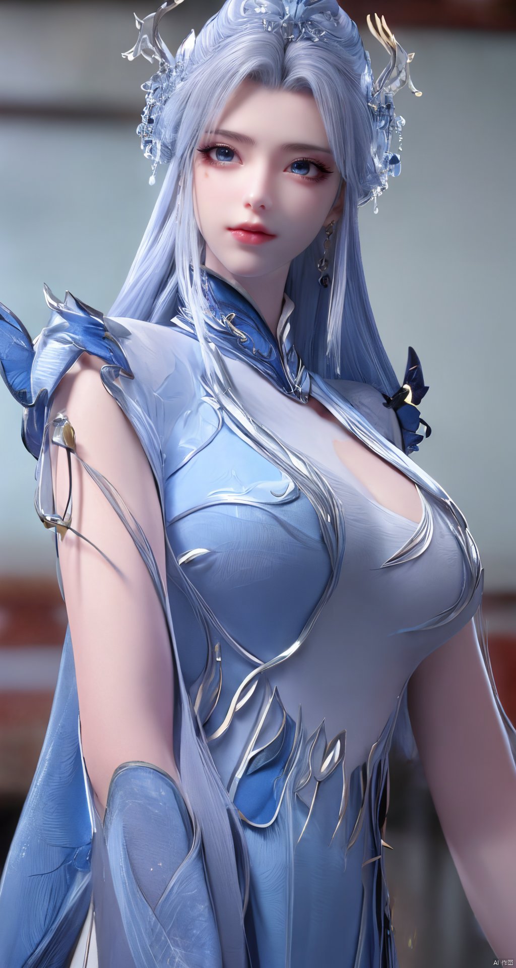 masterpiece,(best quality),official art,extremely detailed cg 8k wallpaper,(extremely delicate and beautiful),solo,realistic,photo_\(medium\),chinese clothes,blue dress,1girl,solo,blue eyes,earrings,mole,white hair,armor,crown,mole under eye,,Xningyudie,(big_breasts:1.29), Yunxiao_Fairy,X-Hydrangea, hanfu