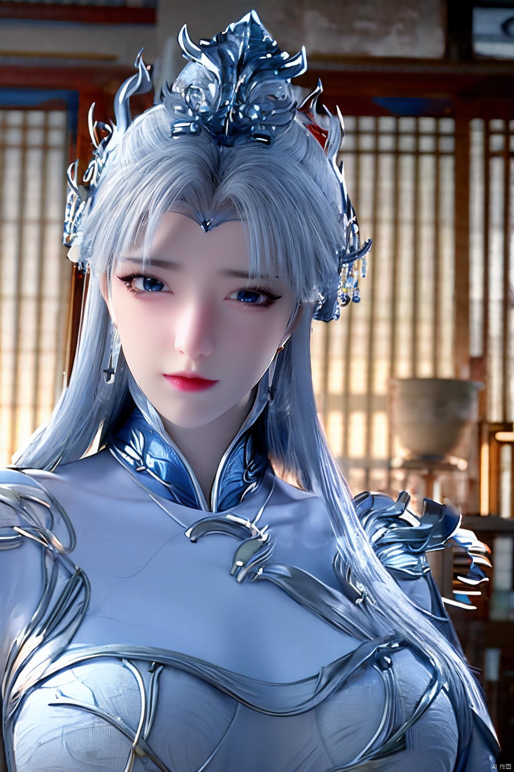 masterpiece,(best quality),official art,extremely detailed cg 8k wallpaper,(extremely delicate and beautiful),solo,realistic,photo_\(medium\),chinese clothes,blue dress,1girl,solo,blue eyes,earrings,mole,white hair,armor,crown,mole under eye,,Xningyudie