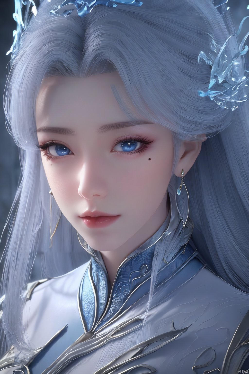 masterpiece,(best quality),official art,extremely detailed cg 8k wallpaper,(extremely delicate and beautiful),solo,realistic,photo_\(medium\),chinese clothes,blue dress,1girl,solo,blue eyes,earrings,mole,white hair,armor,crown,mole under eye,,Xningyudie