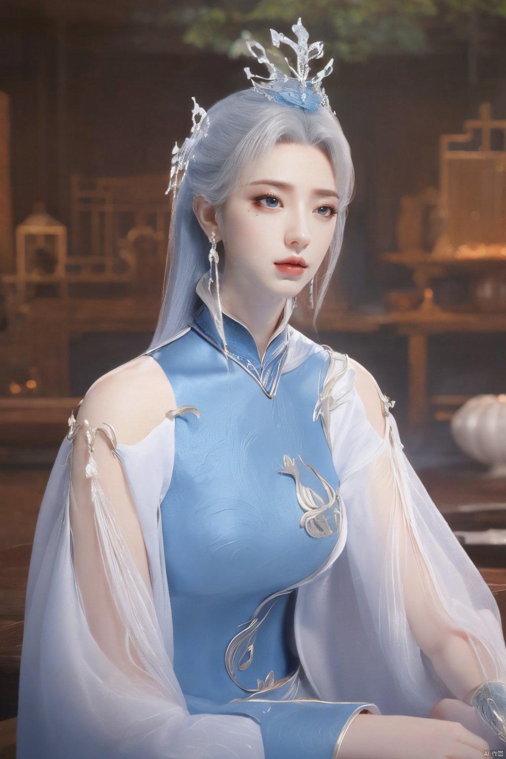 masterpiece,(best quality),official art,extremely detailed cg 8k wallpaper,(extremely delicate and beautiful),solo,realistic,photo_\(medium\),chinese clothes,blue dress,1girl,solo,blue eyes,earrings,mole,white hair,armor,crown,mole under eye,,Xningyudie