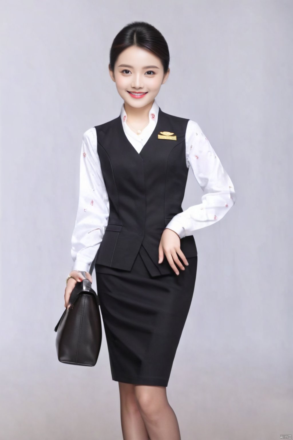 shenhang, 1girl, solo, skirt, vest, black hair, shirt, smile, looking at viewer, bag, white shirt, black skirt, simple background, long sleeves, grey background, black vest, hands on hips, standing, short hair, brown eyes, pencil skirt, handbag, feet out of frame, office lady, lips