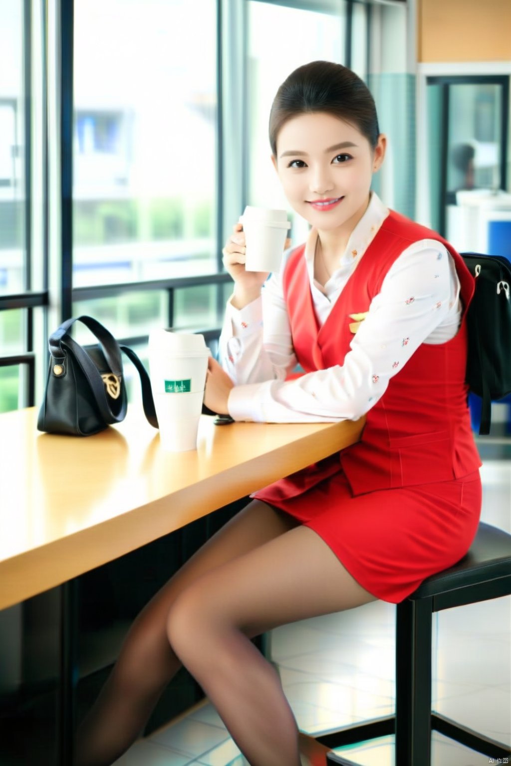 shenhang, pantyhose, solo, skirt, cup, male focus, vest, 1boy, sitting, shirt, red skirt, black hair, white shirt, blurry background, bag, red vest, coffee cup, black pantyhose, looking at viewer, disposable cup, smile, pencil skirt, crossdressing, short hair, long sleeves, table, holding cup, blurry, red dress