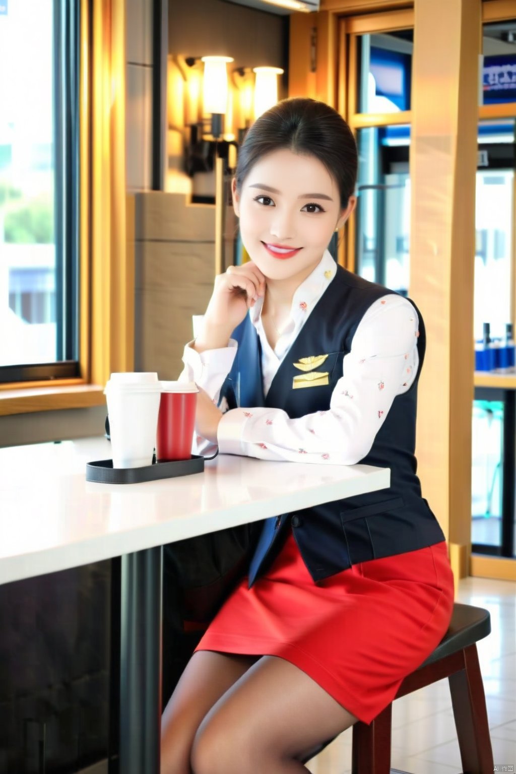 shenhang, pantyhose, solo, skirt, cup, male focus, vest, 1boy, sitting, shirt, red skirt, black hair, white shirt, blurry background, bag, red vest, coffee cup, black pantyhose, looking at viewer, disposable cup, smile, pencil skirt, crossdressing, short hair, long sleeves, table, holding cup, blurry