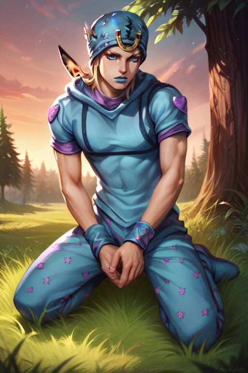 johnny_hat, johnny_top, wristbands, johnnyjojo,  score_8_up, score_7_up, score_9, best quality, solo,  1boy, kneeling, detailed, realistic, outdoors, trees, grass, sunset