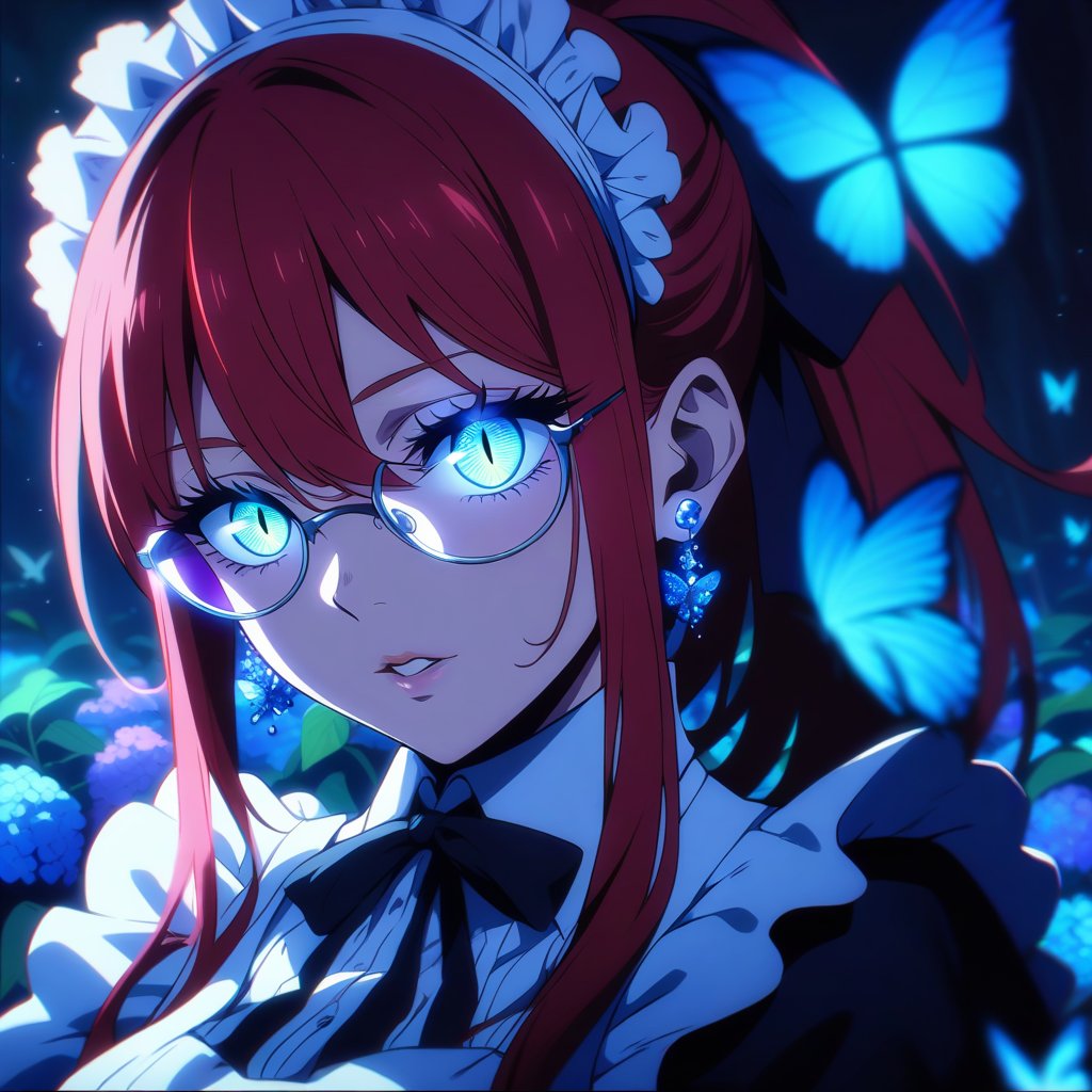 anime, anime style, niji6 style, by nijijourney, 1girl, bug, solo, butterfly, maid, blue butterfly, maid headdress, red hair, ponytail, jewelry, earrings, glasses, looking at viewer, yellow eyes, slit pupils ,parted lips, long hair, flower, ribbon, apron, black ribbon, glowing, upper body, breasts, blurry, maid apron, red dress, dress, stud earrings, frills, sidelocks, hair between eyes, glowing eyes, blue theme, blue flower, hair ribbon, neck ribbon, bow, night, blurry background, portrait, red eyelashes, hair bow, outdoors, black bow, letterboxed, teeth, hydrangea, medium breasts, large breasts, depth of field, aqua eyes, puffy sleeves, collared dress, (very glowing butterfly), moon light, colored skin, lips, shaded, light particle, blue theme, night, masterpiece, best quality, highres, 4k, 8k, intricate detail, cinematic lighting, amazing quality, amazing shading, film grain, blurry foreground, vignetting chiaroscuro, chromatic aberration, backlighting, mature female, global illumination, drop shadow, detailed illustration, anime style, wallpaper, animification, anime coloring, fake screenshot, screencap, anime screencap, detailed eyes, thick eyelashes, diamond