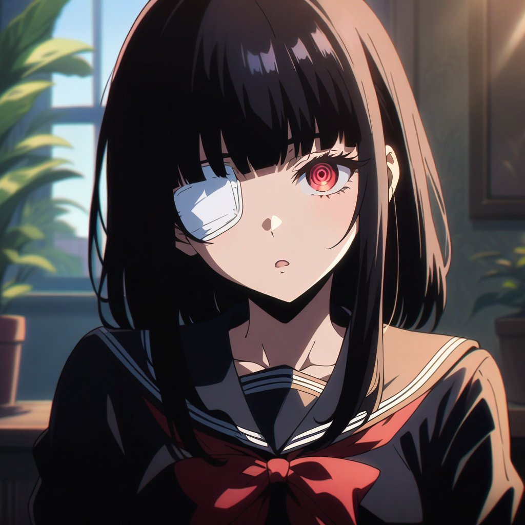 anime, anime style, niji6 style, by nijijourney, anime, anime style, niji6 style, by nijijourney, warm, afternoon, anime, anime style, niji6 style, by nijijourney, 1girl, medium hair, bob cut, solo, another, medical eyepatch, school uniform, red eyes, black hair, looking at viewer, serafuku, indoors, bow, upper body, sailor collar, red bow, blunt bangs, black shirt, black serafuku, ;o, shirt, One Eye Closed, blurry, bowtie, window, red bowtie, blurry background, long sleeves, collarbone, frown, potted plant, very long hair, hime cut, depth of field, sidelocks, expressionless, plant, sunlight, head tilt, straight hair, animification, anime coloring, fake screenshot, screencap, anime screencap, twilight, detailed eyes, ambient light, thick eyelashes, diamond, dark night, dark deep, masterpiece, best quality, highres, 4k, 8k, intricate detail, cinematic lighting, amazing quality, amazing shading, film grain, blurry foreground, vignetting chiaroscuro, chromatic aberration, backlighting, global illumination, drop shadow, detailed illustration, anime style, wallpaper, animification, anime coloring, fake screenshot, screencap, anime screencap