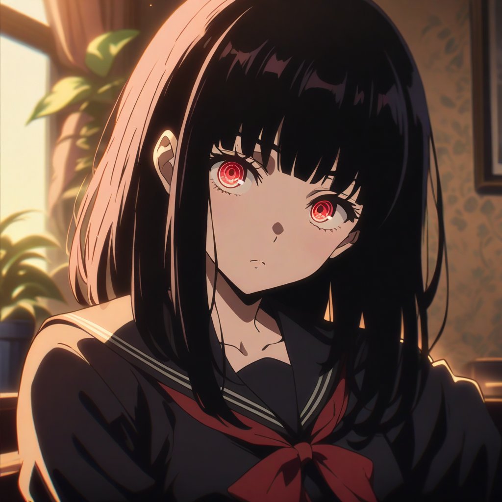 anime, anime style, niji6 style, by nijijourney, anime, anime style, niji6 style, by nijijourney, warm, afternoon, anime, anime style, niji6 style, by nijijourney, ;o, 1girl, medium hair, bob cut, solo, eyepatch, school uniform, red eyes, black hair, looking at viewer, serafuku, indoors, bow, upper body, sailor collar, red bow, blunt bangs, black shirt, black serafuku, closed mouth, shirt, blurry, bowtie, window, red bowtie, blurry background, long sleeves, collarbone, frown, potted plant, very long hair, hime cut, depth of field, sidelocks, expressionless, plant, sunlight, head tilt, straight hair, animification, anime coloring, fake screenshot, screencap, anime screencap, twilight, detailed eyes, ambient light, thick eyelashes, diamond, dark night, dark deep, masterpiece, best quality, highres, 4k, 8k, intricate detail, cinematic lighting, amazing quality, amazing shading, film grain, blurry foreground, vignetting chiaroscuro, chromatic aberration, backlighting, global illumination, drop shadow, detailed illustration, anime style, wallpaper, animification, anime coloring, fake screenshot, screencap, anime screencap