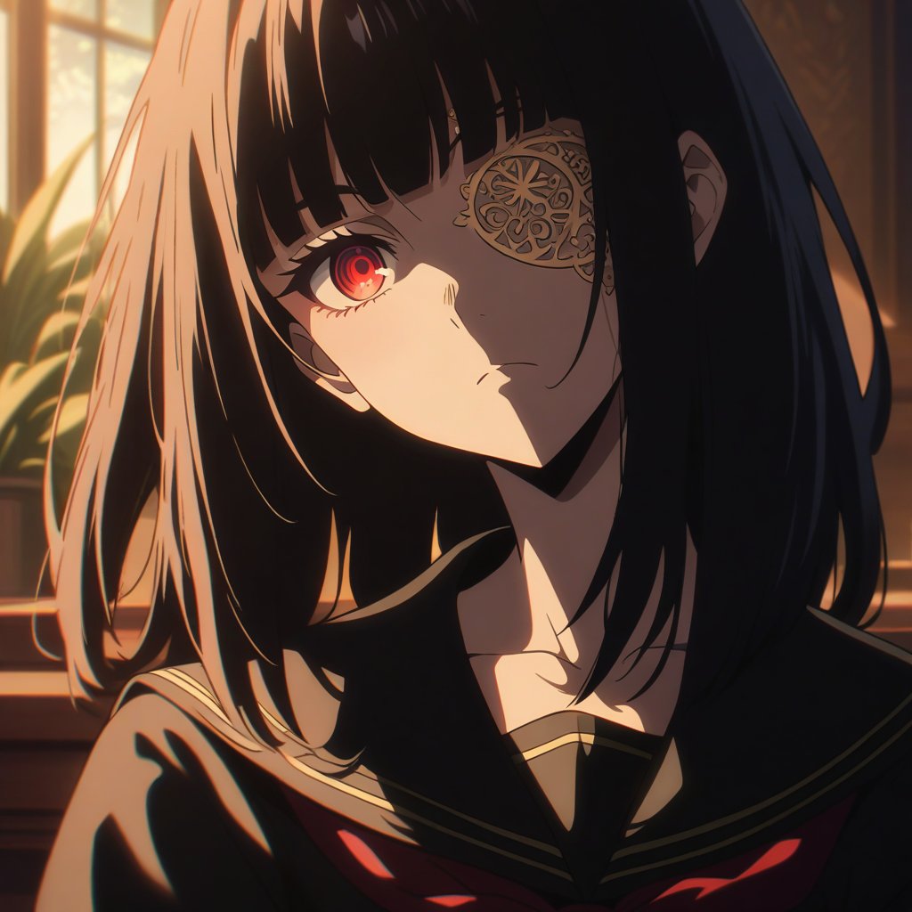 anime, anime style, niji6 style, by nijijourney, anime, anime style, niji6 style, by nijijourney, warm, afternoon, anime, anime style, niji6 style, by nijijourney, 1girl, medium hair, bob cut, solo, eyepatch, school uniform, red eyes, black hair, looking at viewer, serafuku, indoors, bow, upper body, sailor collar, red bow, blunt bangs, black shirt, black serafuku, closed mouth, shirt, blurry, bowtie, window, red bowtie, blurry background, long sleeves, collarbone, frown, potted plant, very long hair, hime cut, depth of field, sidelocks, expressionless, plant, sunlight, head tilt, straight hair, animification, anime coloring, fake screenshot, screencap, anime screencap, twilight, detailed eyes, ambient light, thick eyelashes, diamond, dark night, dark deep, masterpiece, best quality, highres, 4k, 8k, intricate detail, cinematic lighting, amazing quality, amazing shading, film grain, blurry foreground, vignetting chiaroscuro, chromatic aberration, backlighting, global illumination, drop shadow, detailed illustration, anime style, wallpaper, animification, anime coloring, fake screenshot, screencap, anime screencap