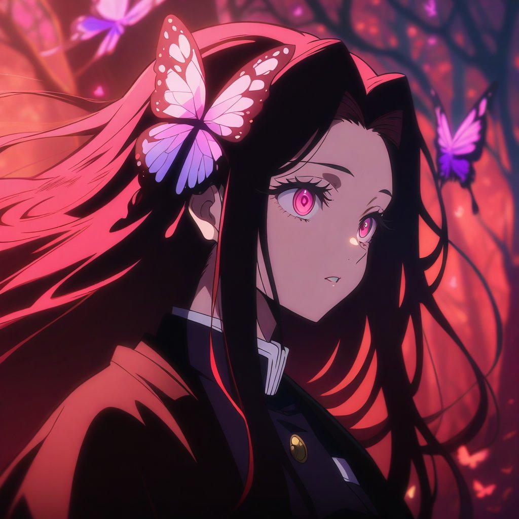 anime, anime style, niji6 style, by nijijourney, anime, anime style, niji6 style, by nijijourney, warm, red theme, anime, anime style, niji6 style, by nijijourney, 1girl, solo, hair ornament, long hair, demon slayer uniform, butterfly hair ornament, butterfly, bug, blurry, japanese clothes, blurry background, portrait, pink eyes, parted lips, from side, black hair, red hair, haori, eyelashes, looking up, upper body, white butterfly, parted bangs, jacket, depth of field, nature, outdoors, sidelocks, purple butterfly, forest, red eyes, floating hair, expressionless, hair intakes, gradient hair, pink hair, purple eyes, very long hair, multicolored hair, sunlight, animification, anime coloring, fake screenshot, screencap, anime screencap, twilight, detailed eyes, ambient light, thick eyelashes, diamond, dark night, dark deep, masterpiece, best quality, highres, 4k, 8k, intricate detail, cinematic lighting, amazing quality, amazing shading, film grain, blurry foreground, vignetting chiaroscuro, chromatic aberration, backlighting, global illumination, drop shadow, detailed illustration, anime style, wallpaper, animification, anime coloring, fake screenshot, screencap, anime screencap