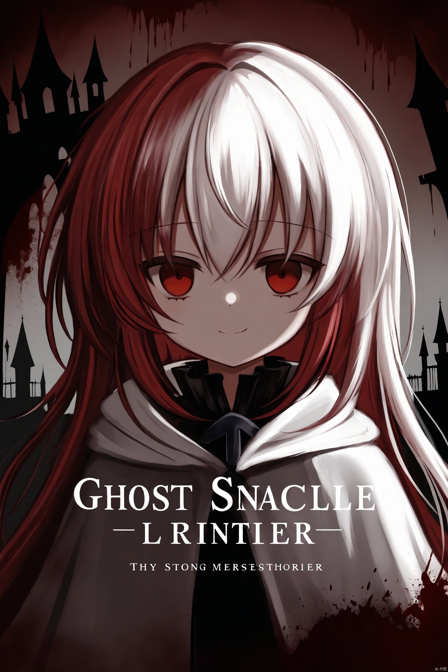 artist:liyang,1girl,(loli:1.2),red eyes,white cape,expressionless,(white hair),long hair,(red hair flower),(blood:1.2),(ghost castle:1.2),(english text),(silhouette),Long bangs,evil smile,cover,Text below,hoshi (snacherubi),upper_body