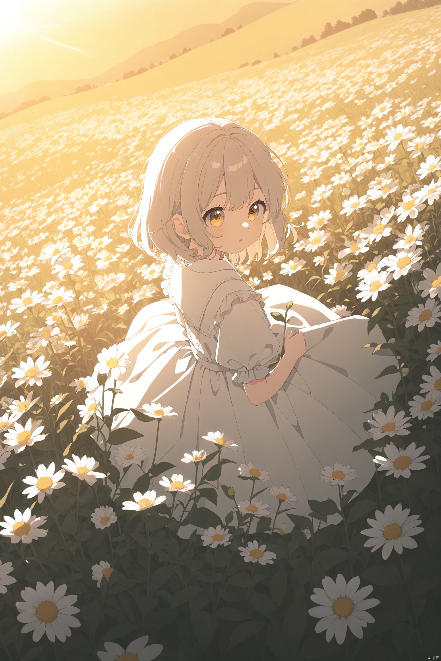 artist:mamy6o6,artist:konya666,loli,(official art, 8k wallpaper, ultra detailed, High quality, best quality),white flowers,1girl,bird's-eye_view,vintage filter,among flowers,backlight,limited_palette,white,field s of flowers,