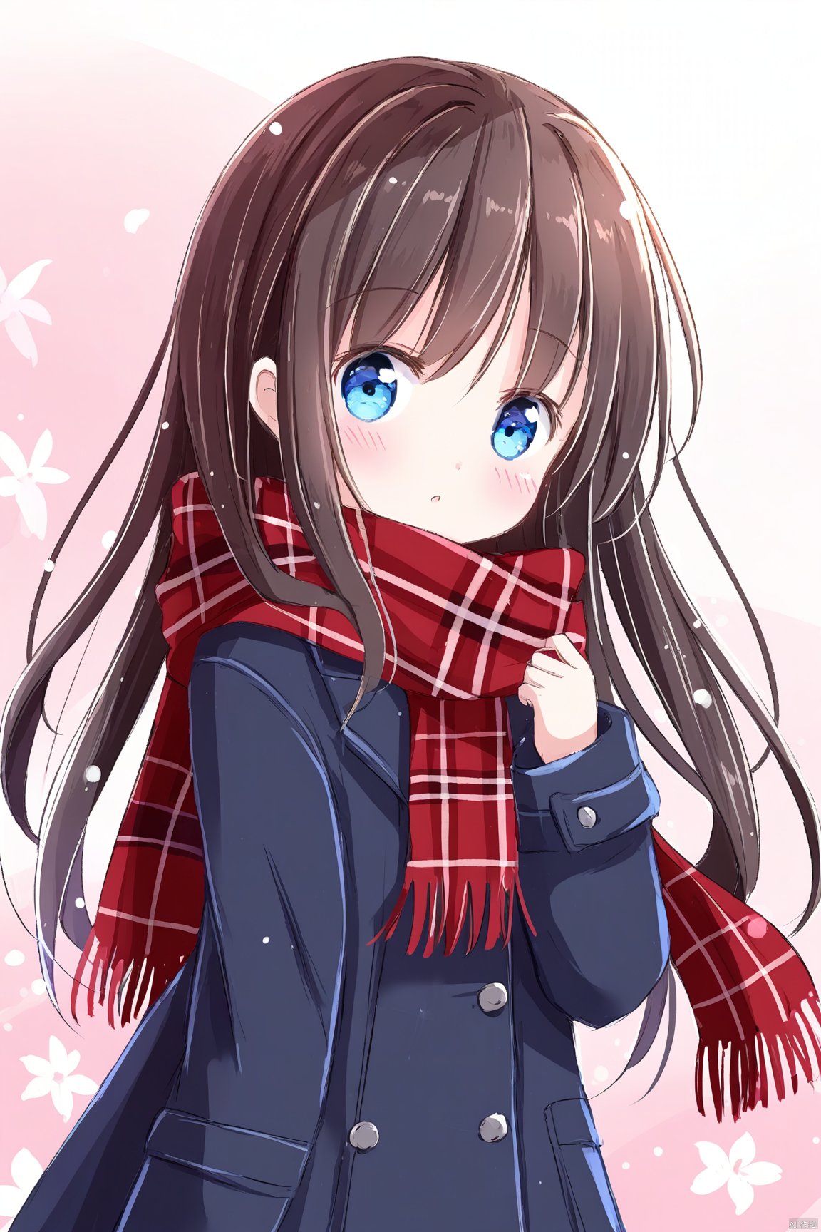 artist:wandou,1girl, loli, solo, long hair, looking at viewer, blush, blue eyes, brown hair, black hair, flower, scarf, coat, plaid, red scarf, plaid scar