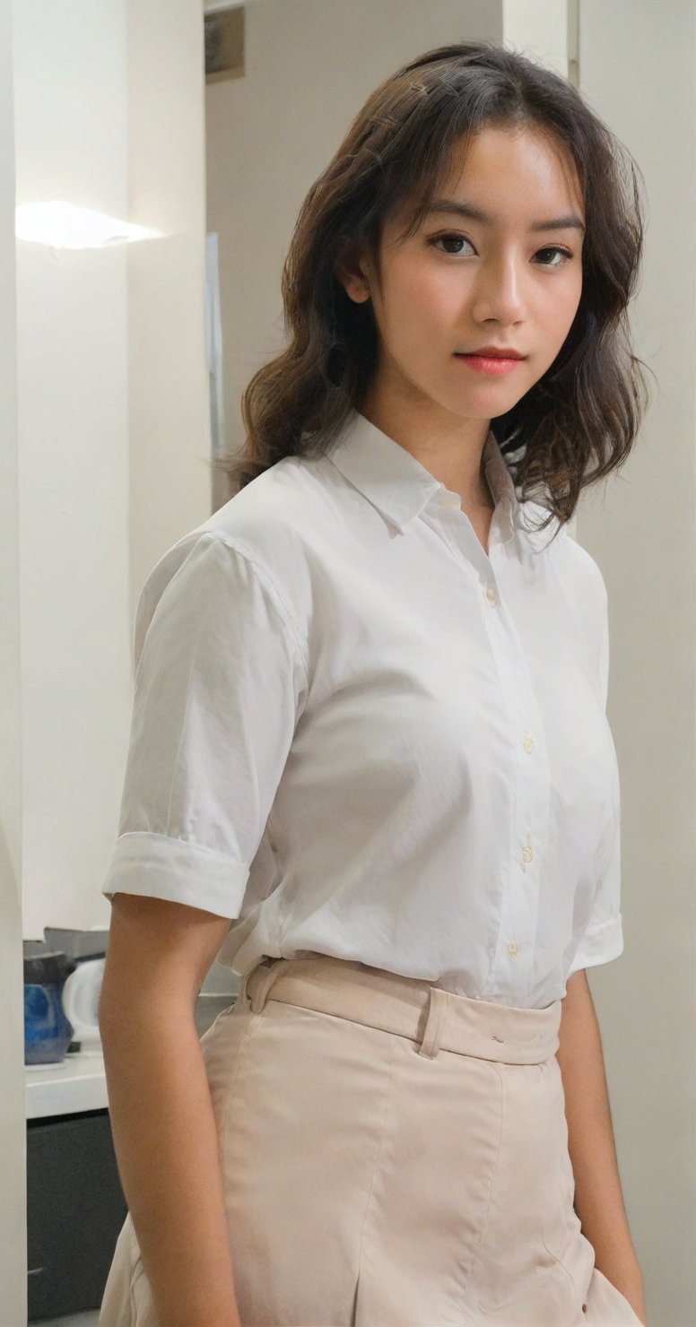 a 19 year old young woman posing confidently. She wore a white shirt and long skirt that followed her curves. The camera photographed him from behind and from the side with clear lighting on his face. Her shirt, skirt and beautiful face were the center of attention.