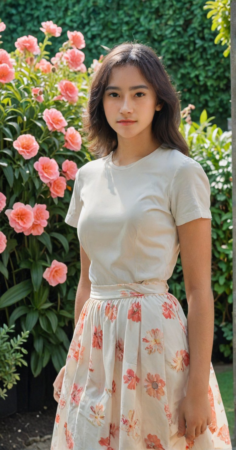 a 19 year old young woman posing confidently in a flower garden. She wore a white dress and long skirt that followed her curves. The camera photographed him from behind and from the side with clear lighting on his face. Her shirt, skirt and beautiful face were the center of attention.