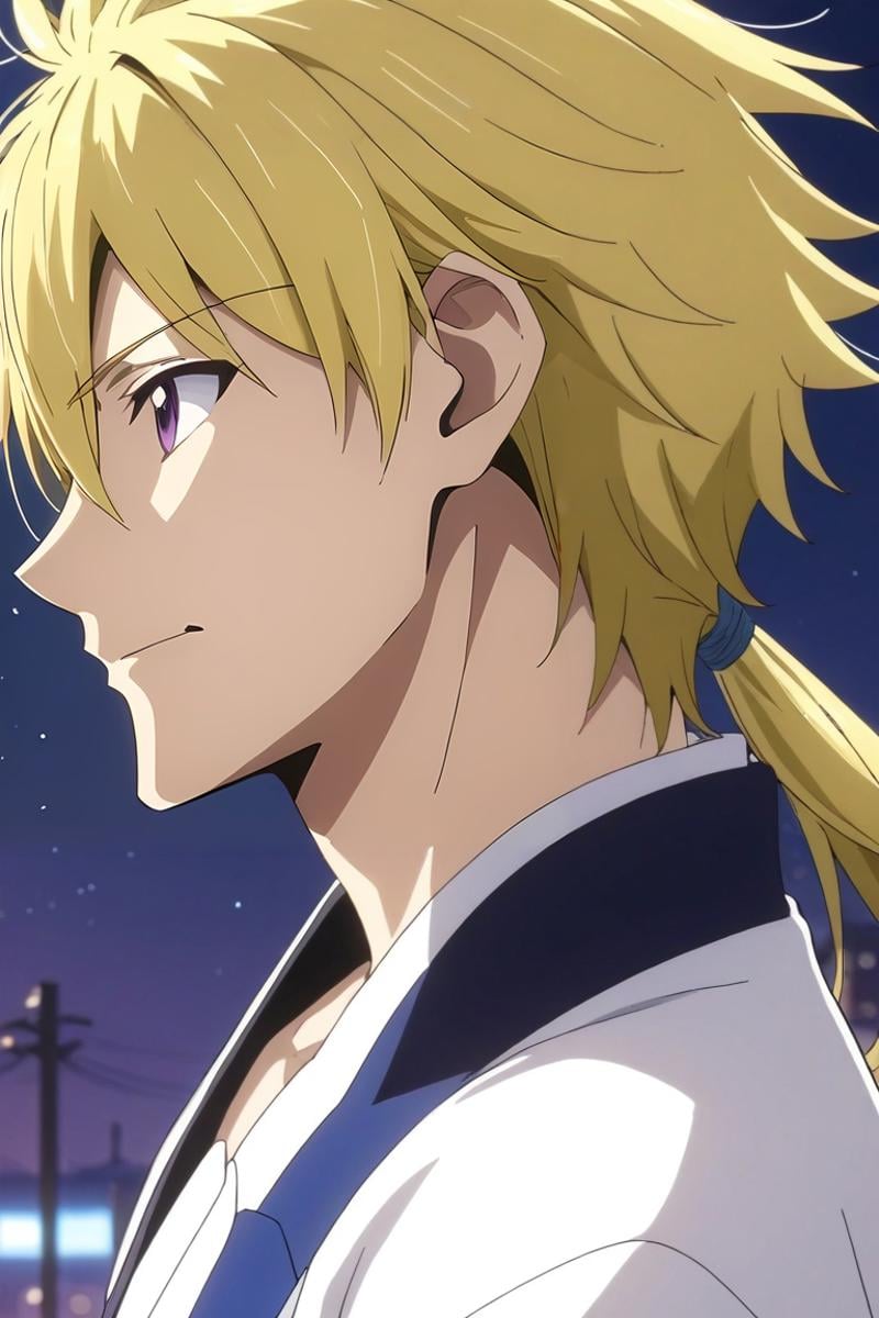 score_9, score_8_up, score_7_up, source_anime, rating_safe, , semi-realistic, , depth of field, 1boy, solo, male focus, <lora:kojirou_kanemaki_pony:0.98>, kojirou_kanemaki, blonde hair, purple eyes, long hair, ponytail, low ponytail, hair between eyes, profile, treetops city, dawn, flexing, happy, , <lora:sdxl_lightning_8step_lora:1>