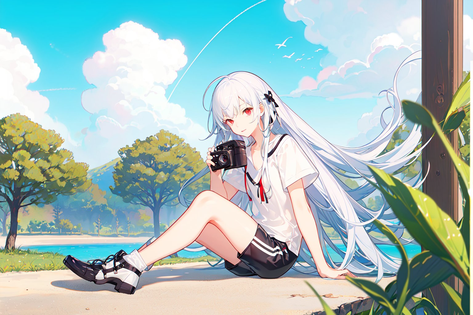 1girl, long hair, White hair, red eyes, jitome, flat chest, sitting, on park, day, blue Sky, clouds, black shorts, White shirt, long legwears, camera