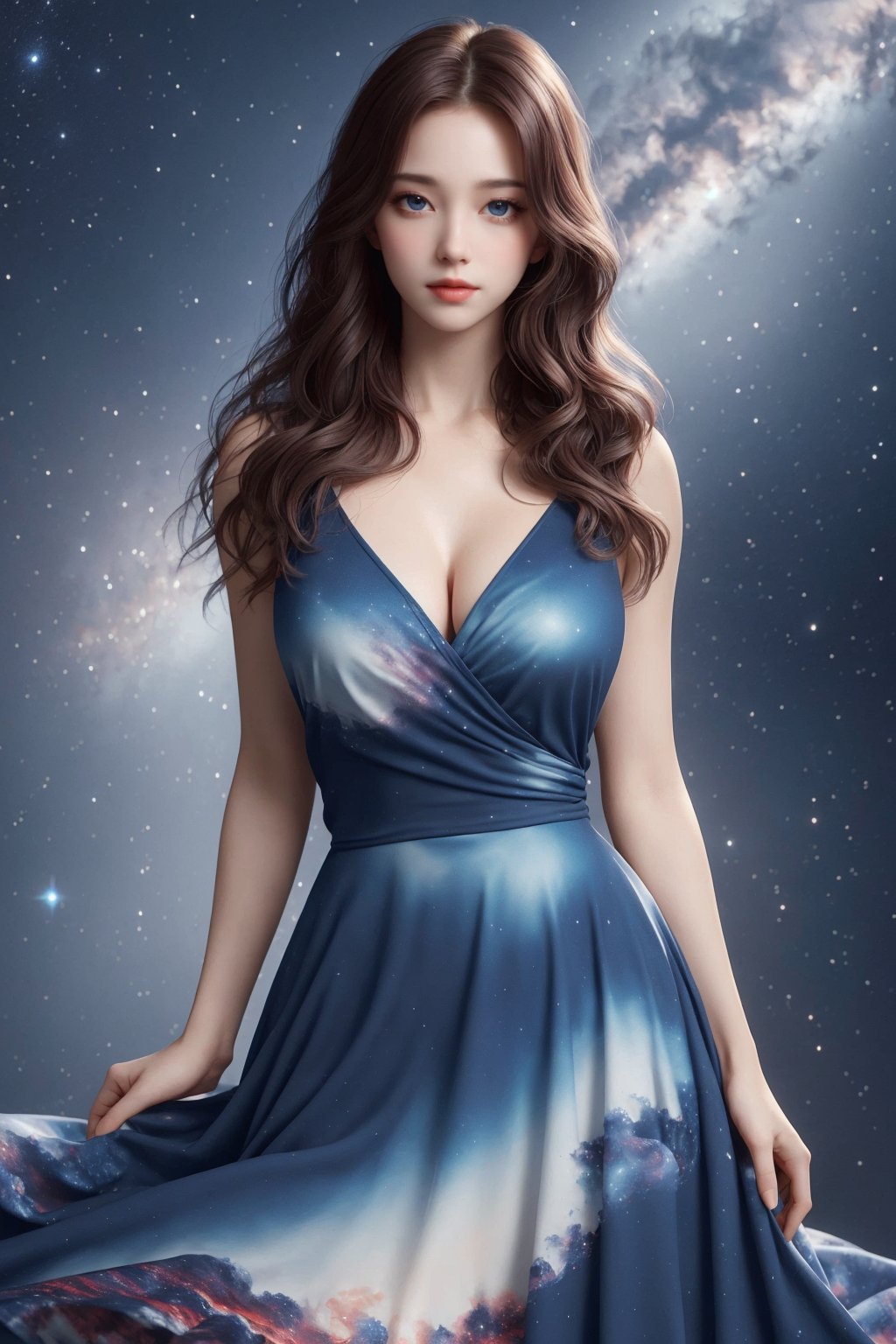 busty and sexy girl, 8k, masterpiece, ultra-realistic, best quality, high resolution, high definition, wearing a flowing dress with a starry sky pattern,starry dress