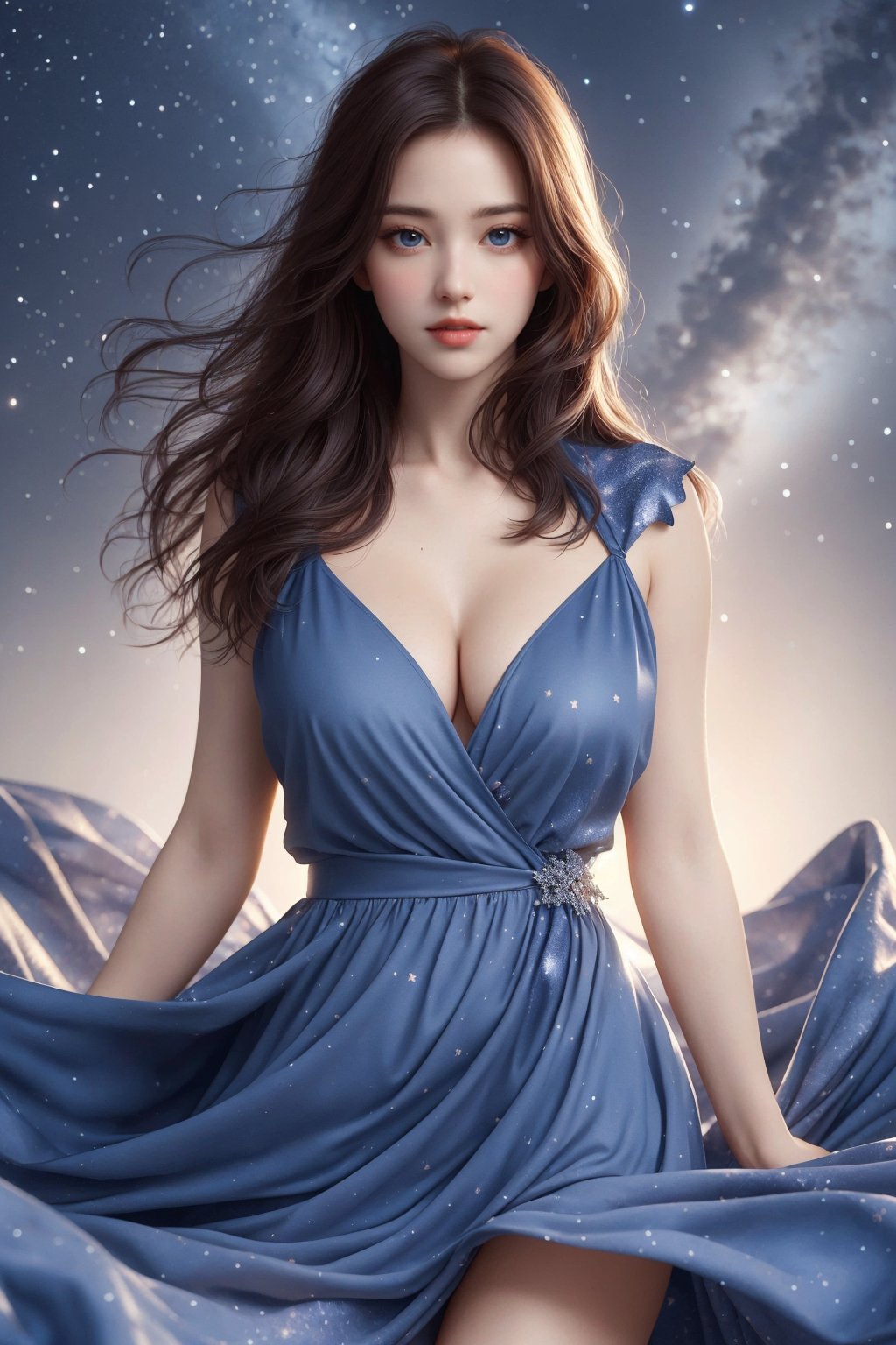 busty and sexy girl, 8k, masterpiece, ultra-realistic, best quality, high resolution, high definition, wearing a flowing dress with a starry sky pattern,starry dress