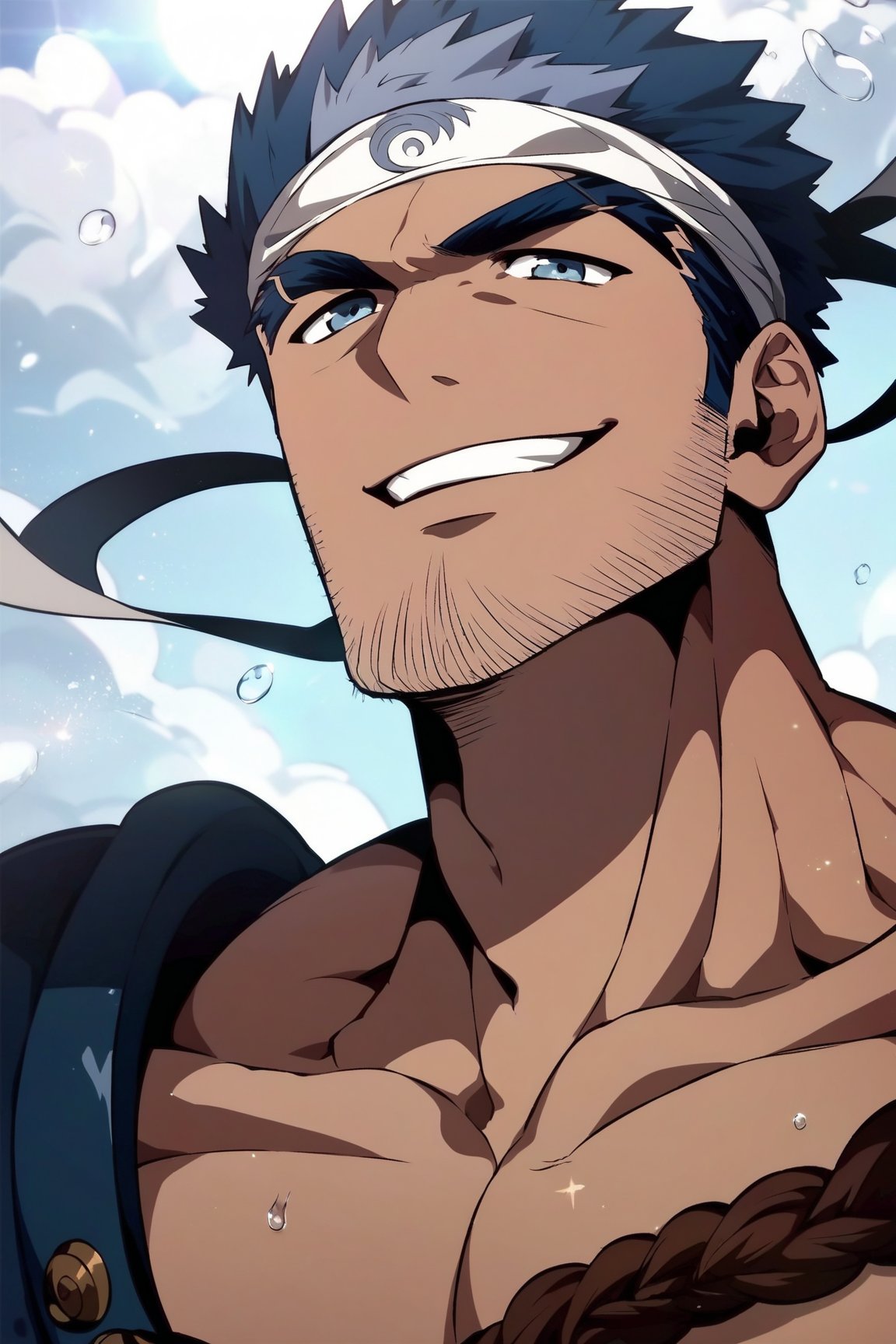 score_9, score_8_up, score_7_up, masterpiece, best quality, best aesthetic, perfect anatomy, perfect proportions, bara, high_resolution, uncensored, 1boy, solo, male focus, full_body, cayman, facial hair, blue hair, blue eyes, smirk 