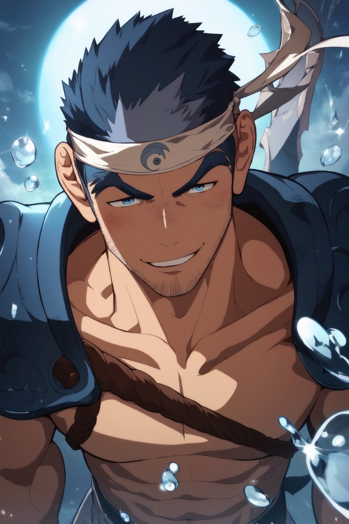 score_9, score_8_up, score_7_up, masterpiece, best quality, best aesthetic, perfect anatomy, perfect proportions, bara, high_resolution, uncensored, 1boy, solo, male focus, full_body, cayman, facial hair, blue hair, blue eyes, smirk 