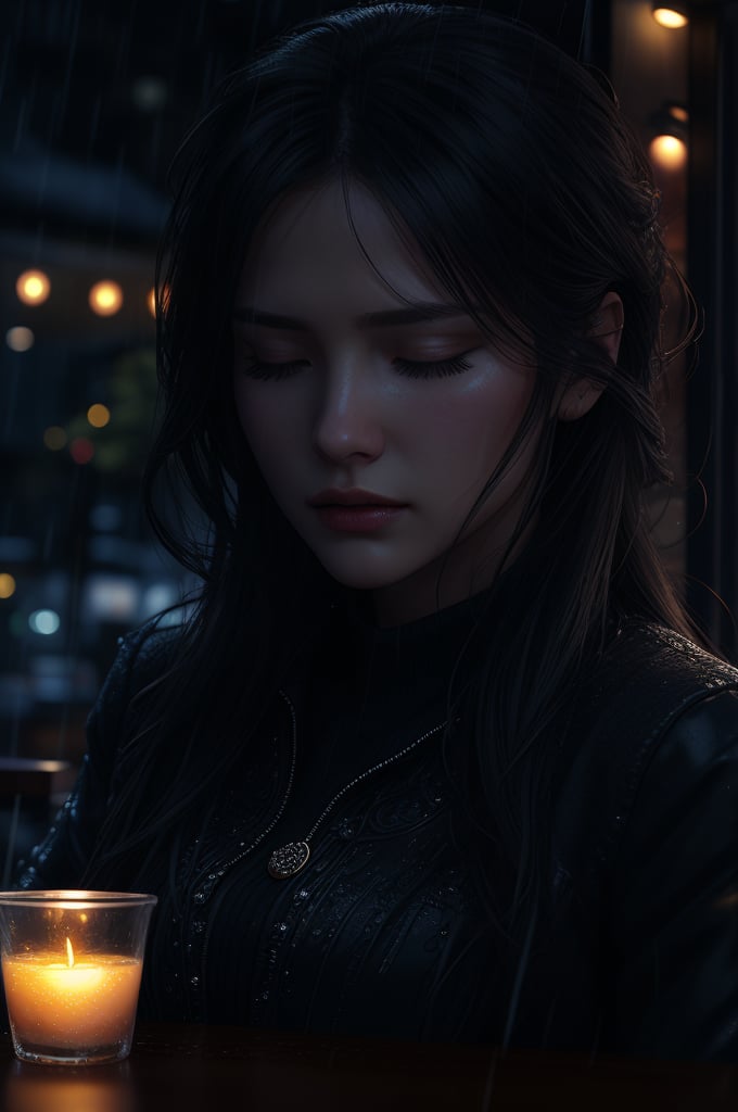 Extreme close-up of a pretty fashion model's face, sad and thoughtful, deep in thought while sipping coffee in a dark, cozy coffee shop with rain outside, vibrant ambience, lively atmosphere, adorned with fairy lights and candles, captured by an award-winning photographer in 8k resolution.