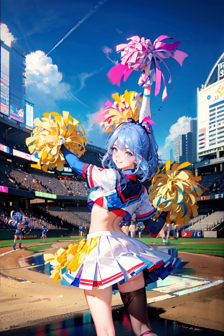 Maximalism, masterpiece, top quality, 8k, high resolution, super detailed, absurd, vivid contrast, insanely detailed,
BREAK
1girl, (Beautiful face, brightly colored shining eyes, clear skin, smile, shiny hair: 1.2),
BREAK
(cheerleader:1.4),
BREAK
baseball stadium,girl,watercolor