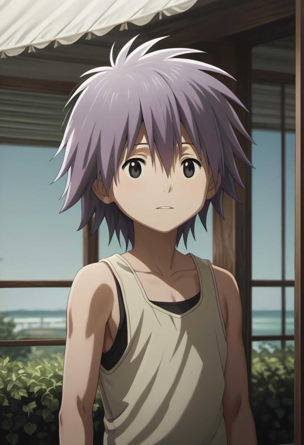 score_9, score_8_up, score_7_up, score_6_up, highly detailed, masterpiece, best quality,detailed,intricate details, amazing quality, best aesthetic, absurdres,source_anime, lui_kd, purple hair, black eyes, 1boy, male focus, solo, tank top, source_<lora:EMS-398506-EMS:1.000000>