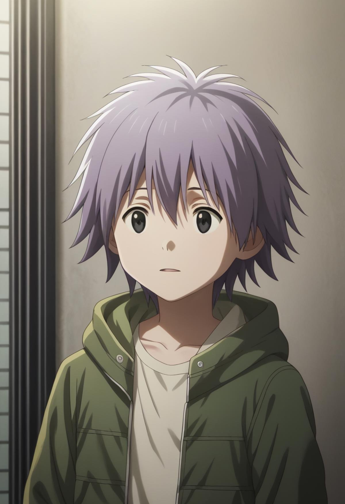 score_9, score_8_up, score_7_up, score_6_up, highly detailed, masterpiece, best quality,detailed,intricate details, amazing quality, best aesthetic, absurdres,source_anime, lui_kd, purple hair, black eyes, 1boy, male focus, solo, jacket, green jacket, shirt, hood, white shirt<lora:EMS-398506-EMS:1.000000>